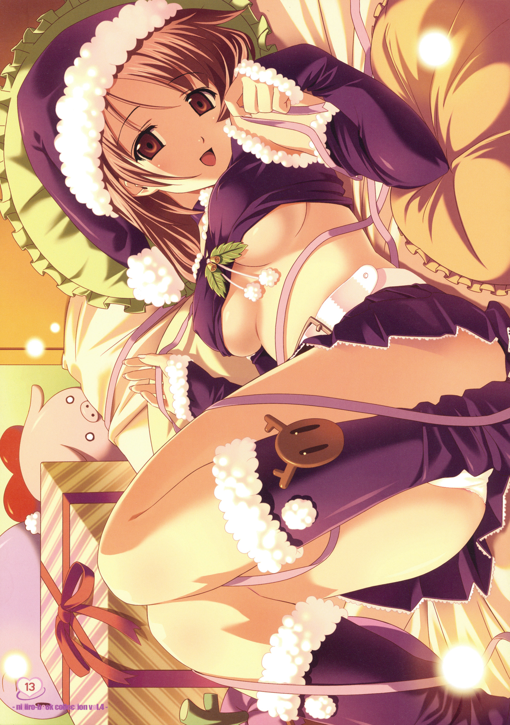 koutaro, original, absurdres, highres, 1girl, bed, belt, black santa costume, boots, breasts, brown eyes, brown hair, christmas, detached sleeves, female focus, gift, long hair, lying, medium breasts, midriff, miniskirt, panties, pantyshot, ribbon, santa costume, skirt, sleeves past wrists, smile, solo, stuffed animal, stuffed toy, underboob, underwear, upskirt