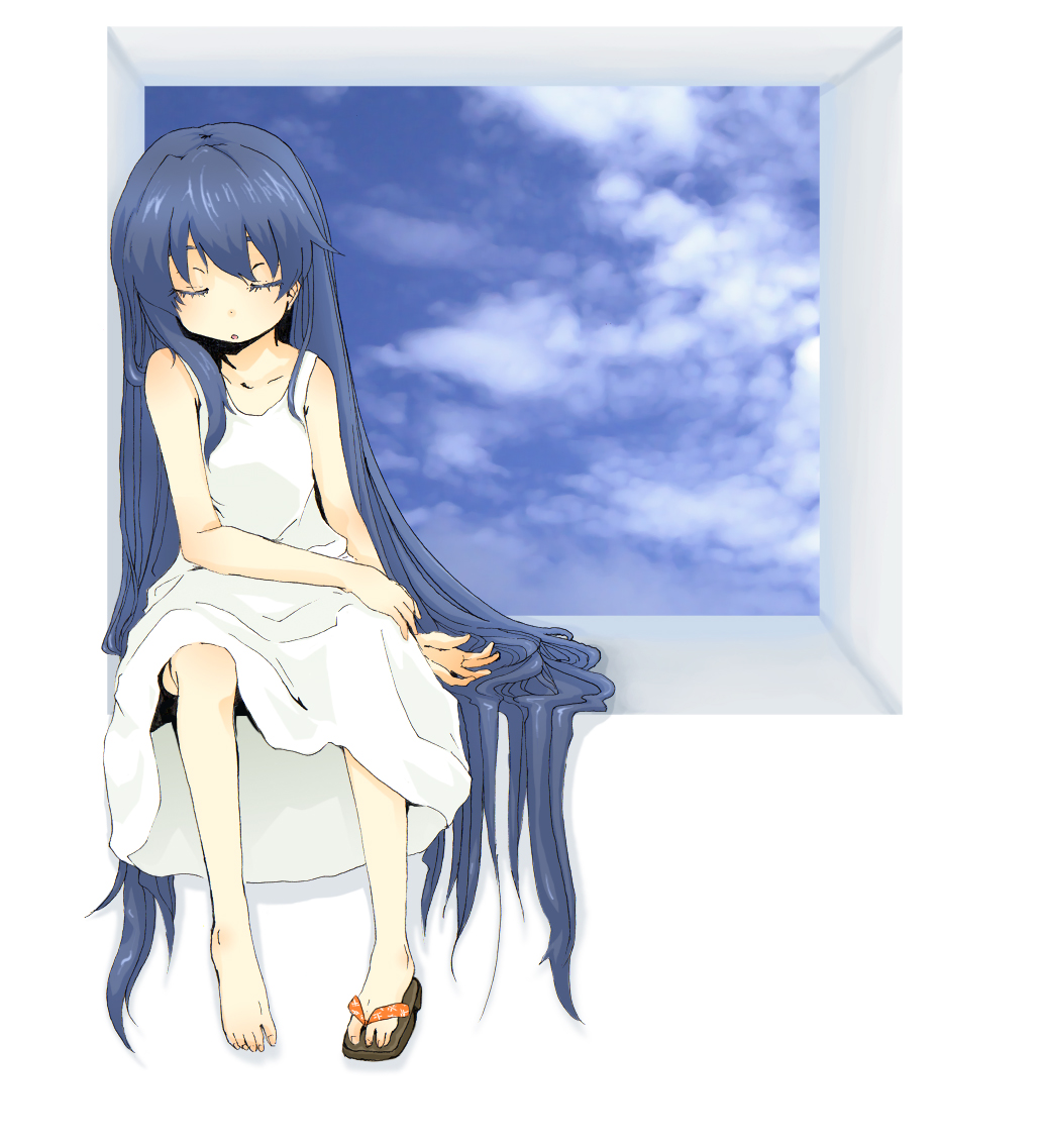 katsufuki, original, bad id, bad pixiv id, 1girl, barefoot, blue hair, closed eyes, day, dress, feet, female focus, long hair, shoes, single shoe, sky, sleeping, solo, sundress, very long hair, window
