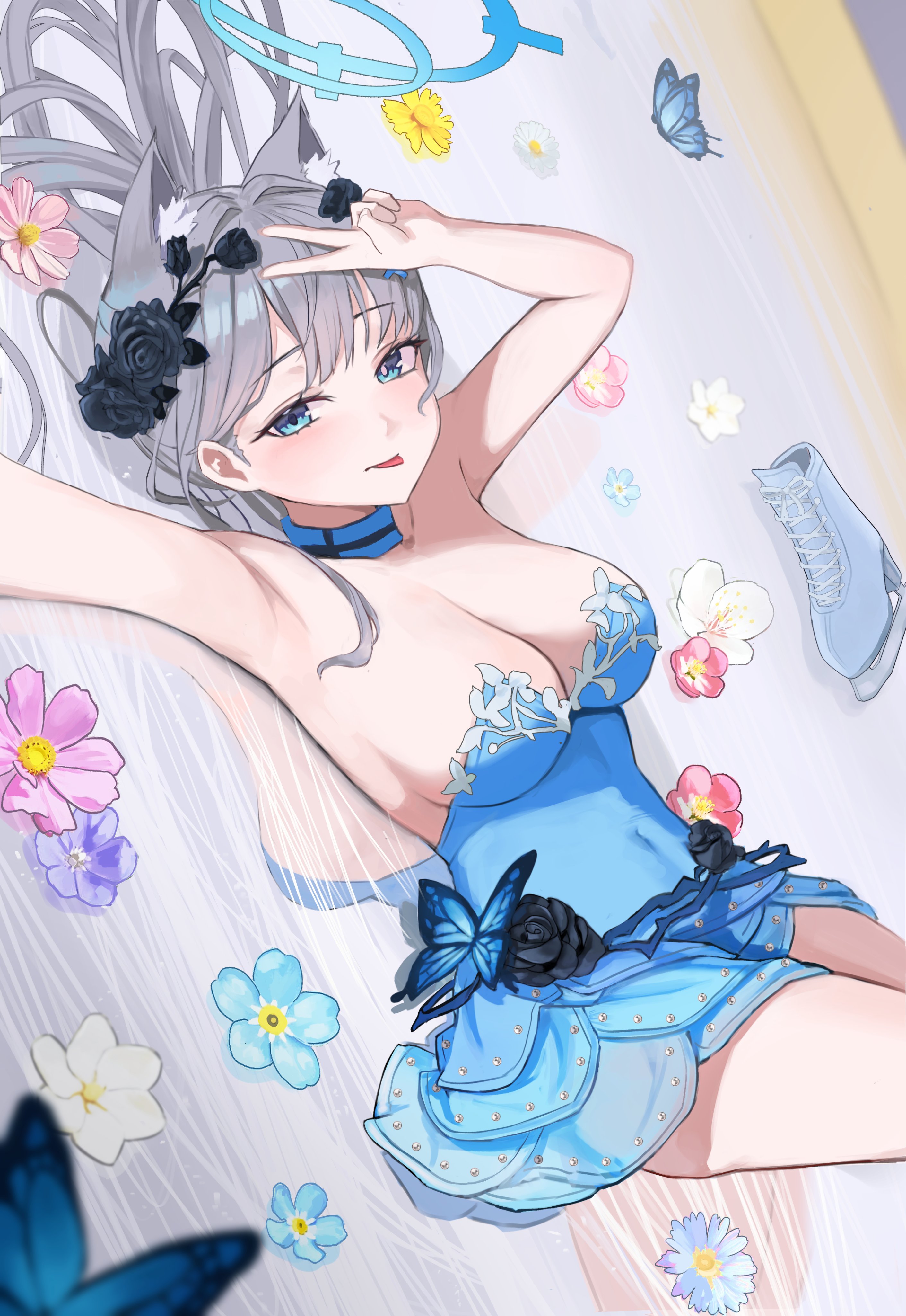 pongdo, shiroko (blue archive), blue archive, absurdres, commentary, highres, 1girl, :p, animal ears, arm up, bare shoulders, black flower, blue butterfly, blue dress, blue halo, blush, breasts, bug, butterfly, cleavage, closed mouth, covered navel, dress, flower, grey eyes, grey hair, hair flower, hair ornament, halo, hand up, heterochromia, ice skates, insect, large breasts, long hair, looking at viewer, lying, on back, pink flower, purple flower, reflection, shoes, skates, solo, strapless, strapless dress, tongue, tongue out, unworn shoes, v, very long hair, white flower, wolf ears, yellow flower