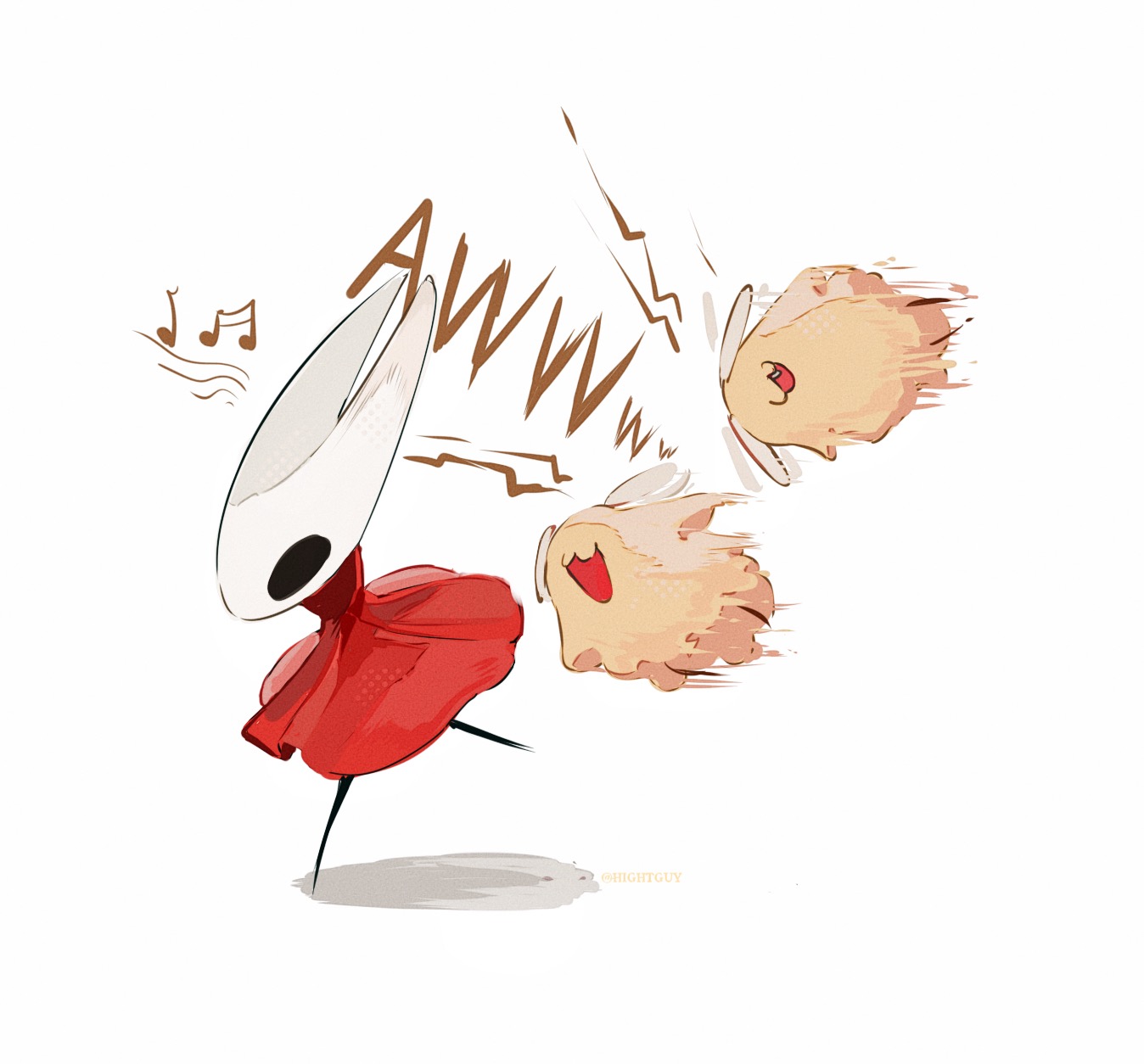hightguy, flea (hollow knight), hornet (hollow knight), hollow knight, hollow knight: silksong, commentary, english commentary, highres, 1girl, :3, :d, arthropod girl, cloak, film grain, full body, halftone, hollow eyes, horned mask, looking ahead, mask, musical note, no mouth, open mouth, red cloak, running, shadow, simple background, smile, white background, white mask