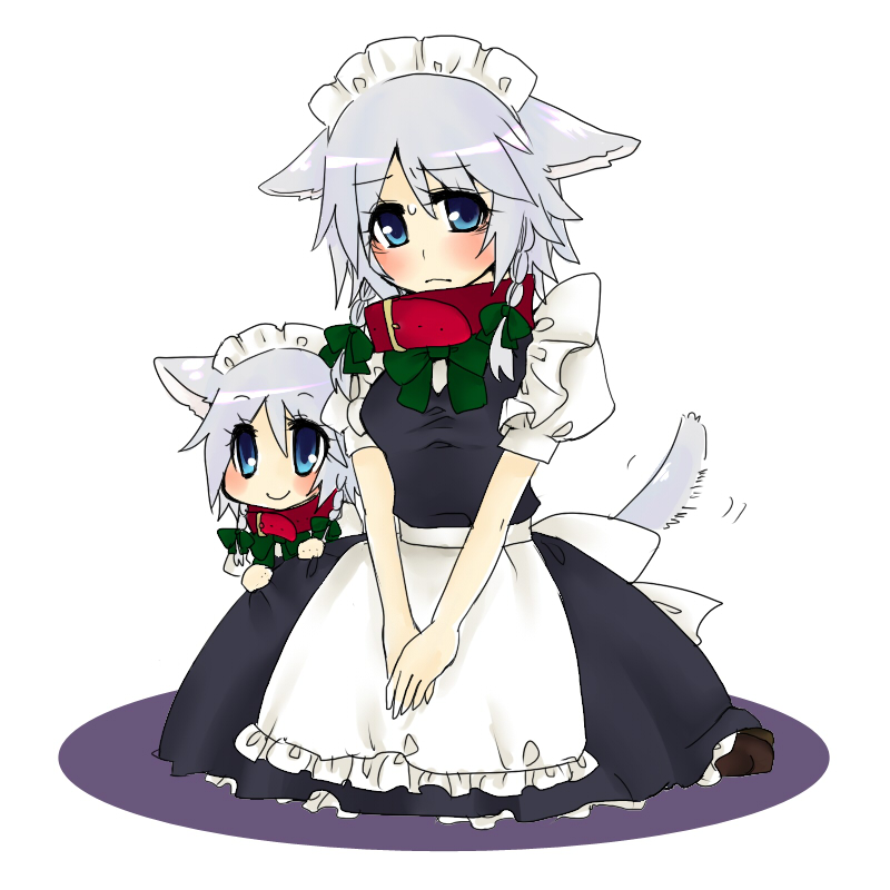 yumesuke, inu sakuya (nejikirio), izayoi sakuya, touhou, silver hair, 2girls, animal ears, blue eyes, braid, chibi, dog ears, dog tail, female focus, hairband, kemonomimi mode, maid, multiple girls, short hair, simple background, solo, tail, twin braids, white background