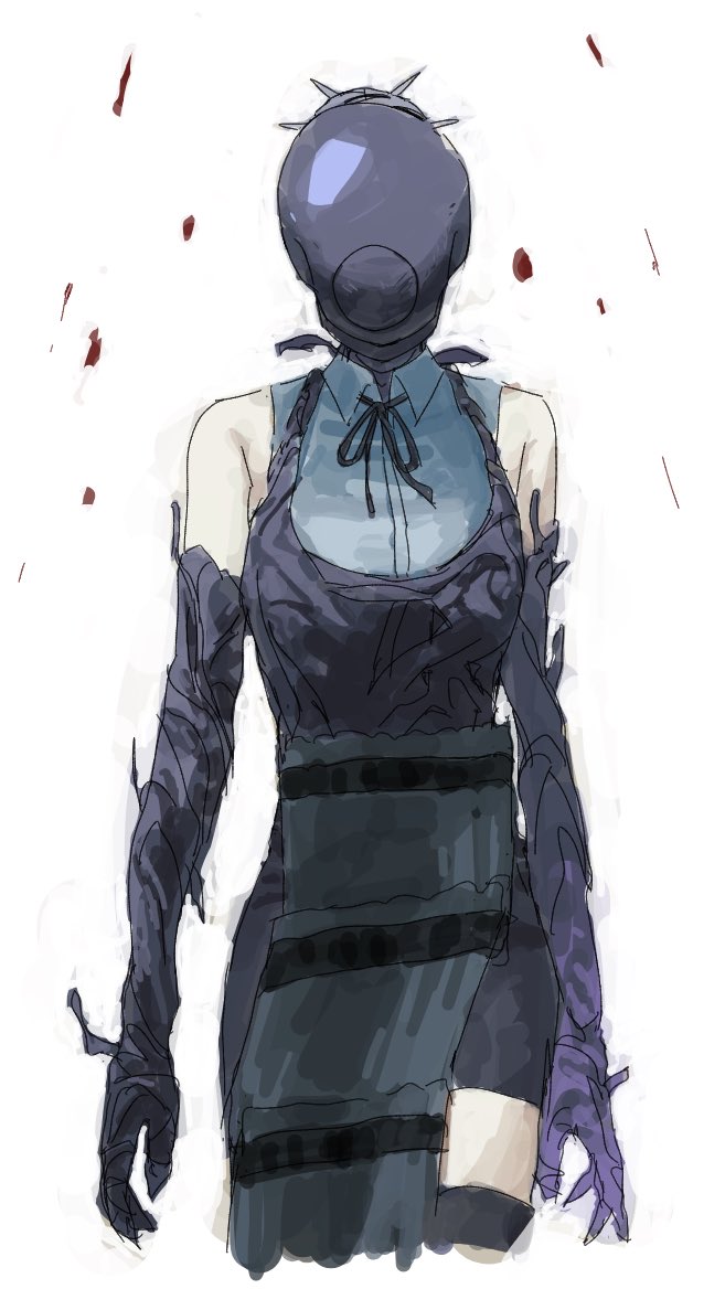 gacchankonari, bomb devil (chainsaw man), chainsaw man, commentary request, 1girl, apron, bare shoulders, black apron, black gloves, black ribbon, black shorts, collared shirt, cowboy shot, elbow gloves, gloves, neck ribbon, ribbon, shirt, shorts, simple background, sleeveless, sleeveless shirt, solo, white background, white shirt