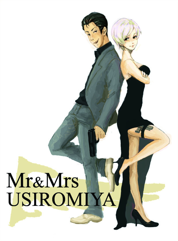 ushiromiya kyrie, ushiromiya rudolf, umineko no naku koro ni, bare shoulders, dress, formal clothes, gun, handgun, high heels, parody, pistol, shoes, short hair, suit, weapon, white hair