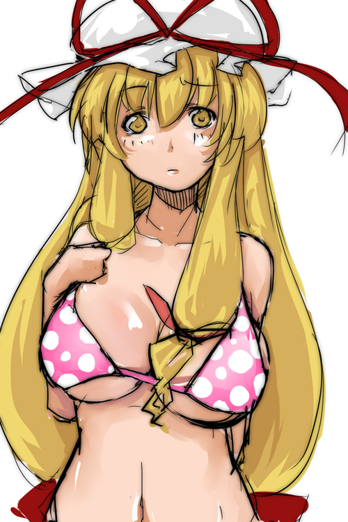 ofuro mantarou, yakumo yukari, touhou, bad id, bad pixiv id, 1girl, blonde hair, bra, breasts, female focus, hat, lingerie, polka dot, ribbon, solo, underwear, upper body, white background, yellow eyes