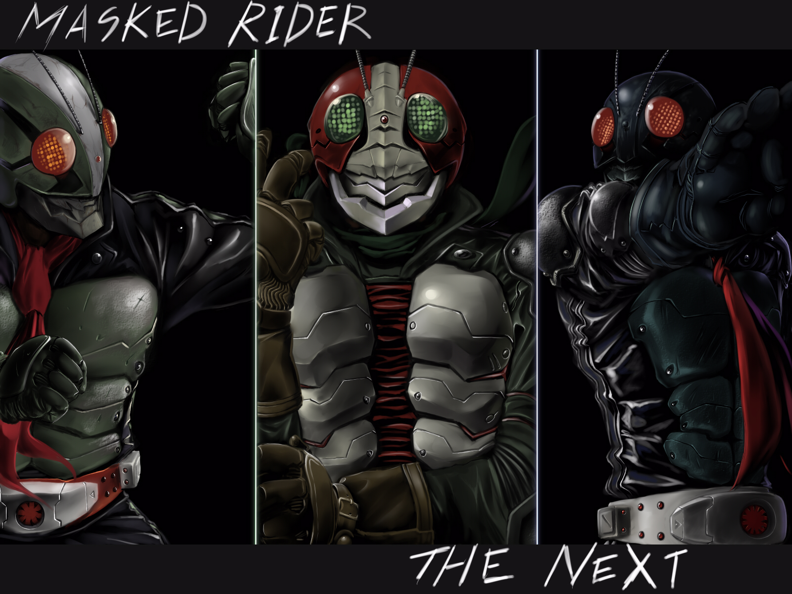 aaru (tenrake chaya), kamen rider 1, kamen rider 2, kamen rider v3, kamen rider, kamen rider the first, kamen rider the next, highres, 3boys, column lineup, male focus, multiple boys