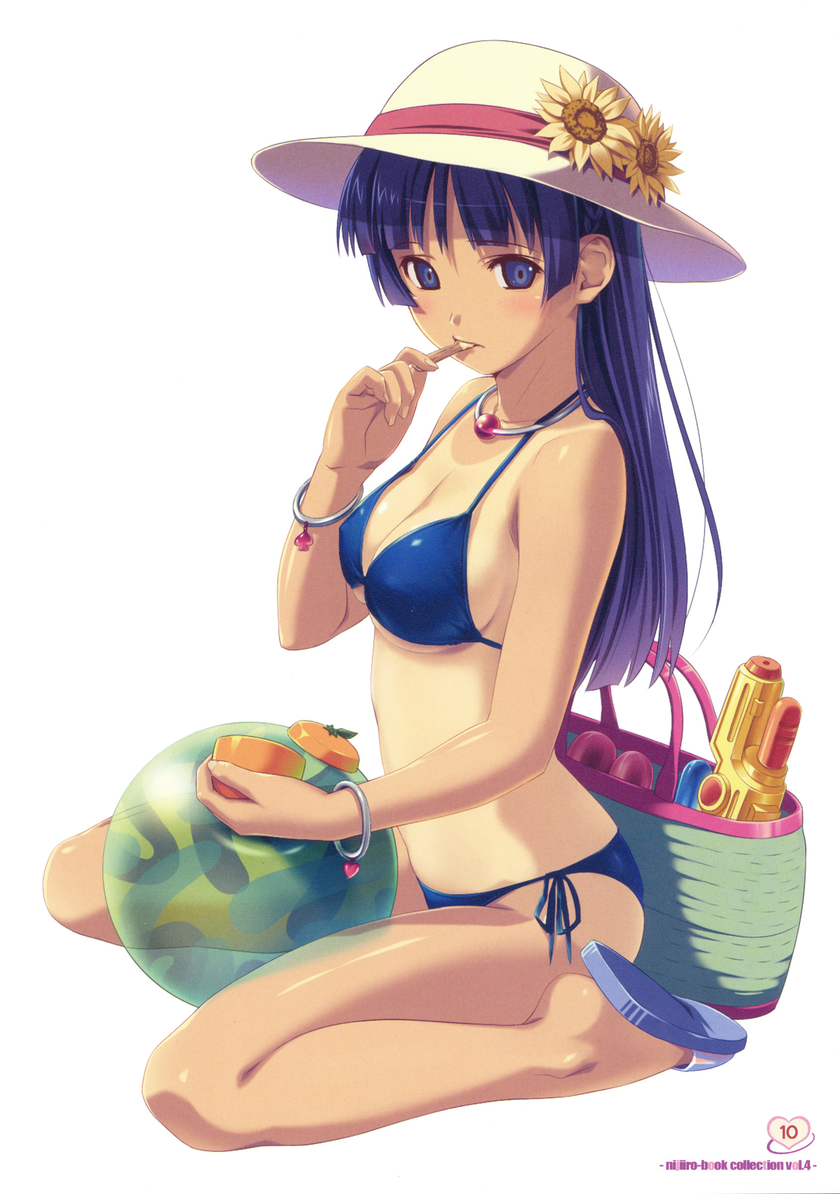 koutaro, original, absurdres, duplicate, highres, jpeg artifacts, 1girl, ball, beachball, bikini, blue bikini, blunt bangs, bracelet, breasts, female focus, flower, food, hat, hime cut, ice cream, jewelry, necklace, one-piece tan, sandals, side-tie bikini bottom, sitting, sky, solo, straw hat, sunflower, swimsuit, tan, tanline, underboob, wariza, water gun