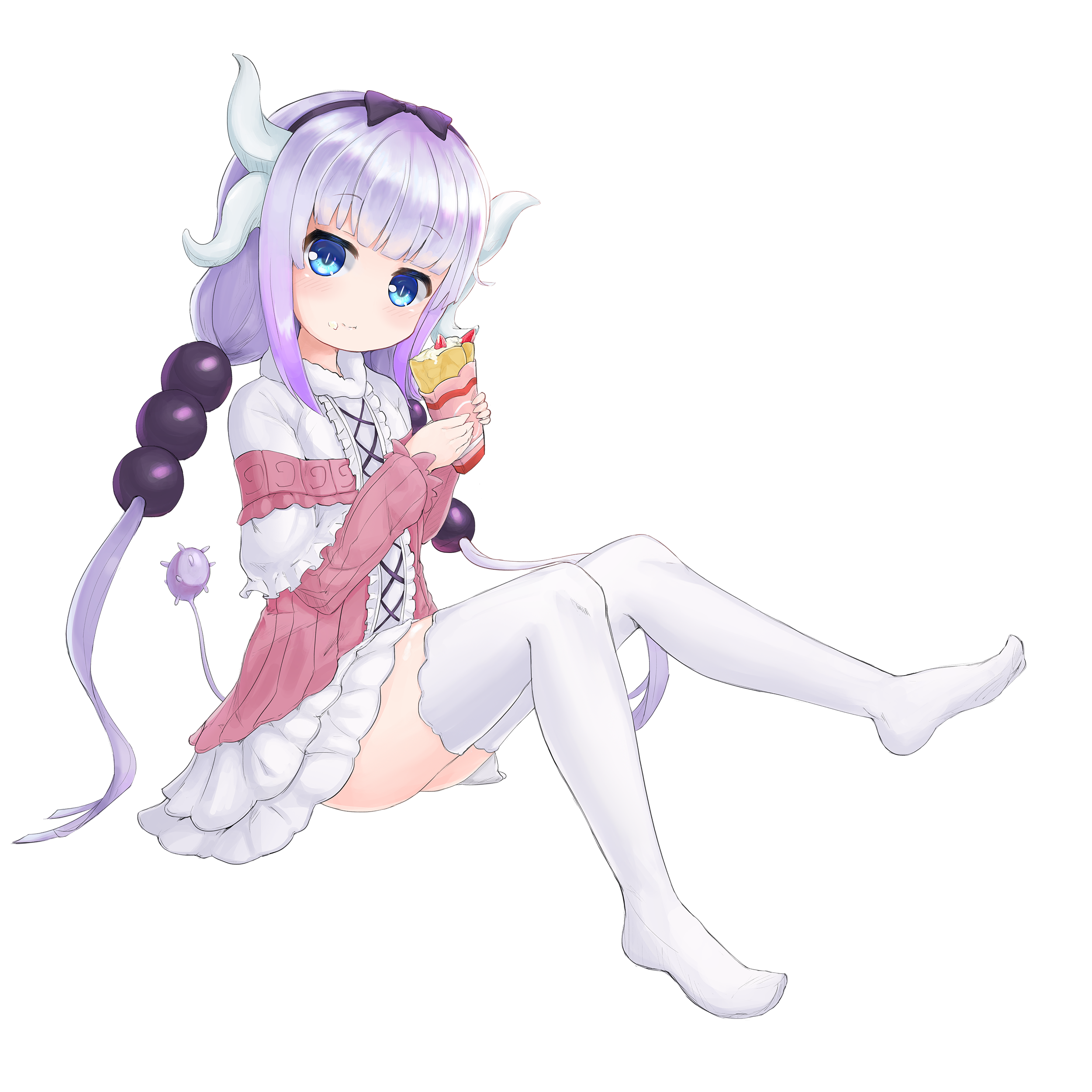 2drr, kanna kamui, kobayashi-san chi no maidragon, absurdres, highres, beads, black hairband, blue eyes, bow, crepe, dragon horns, dress, eating, food, gradient hair, hair beads, hair ornament, hairband, horns, long hair, multicolored hair, no shoes, solo, tail, thighhighs, twintails, white background