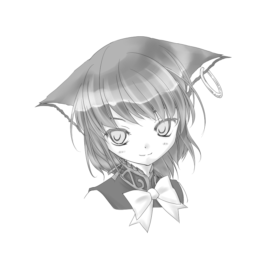 mizusaki (tengoku), tengoku, chen, touhou, bad id, bad pixiv id, 1girl, animal ears, bow, bowtie, cat ears, cat girl, earrings, female focus, greyscale, jewelry, monochrome, no headwear, portrait, short hair, single earring, smile, solo