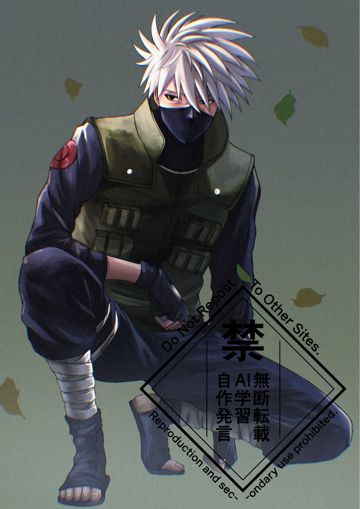 hatake kakashi, naruto (series), highres, 1boy, black eyes, black gloves, falling leaves, fingerless gloves, full body, gloves, grey hair, hair between eyes, kneeling, leaf, long sleeves, male focus, mask, mochikome 1127, mouth mask, on one knee, open-toe shoes, pants, scar, scar across eye, scar on face, shirt, solo, spiked hair