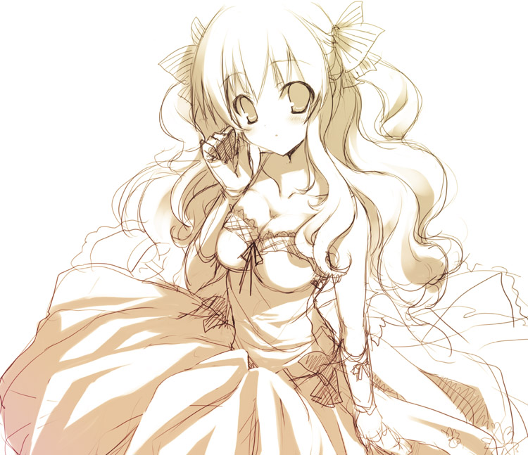 toranosuke, original, 1girl, breasts, bridal gauntlets, cleavage, dress, female focus, hair ribbon, large breasts, long hair, monochrome, ribbon, sketch, solo
