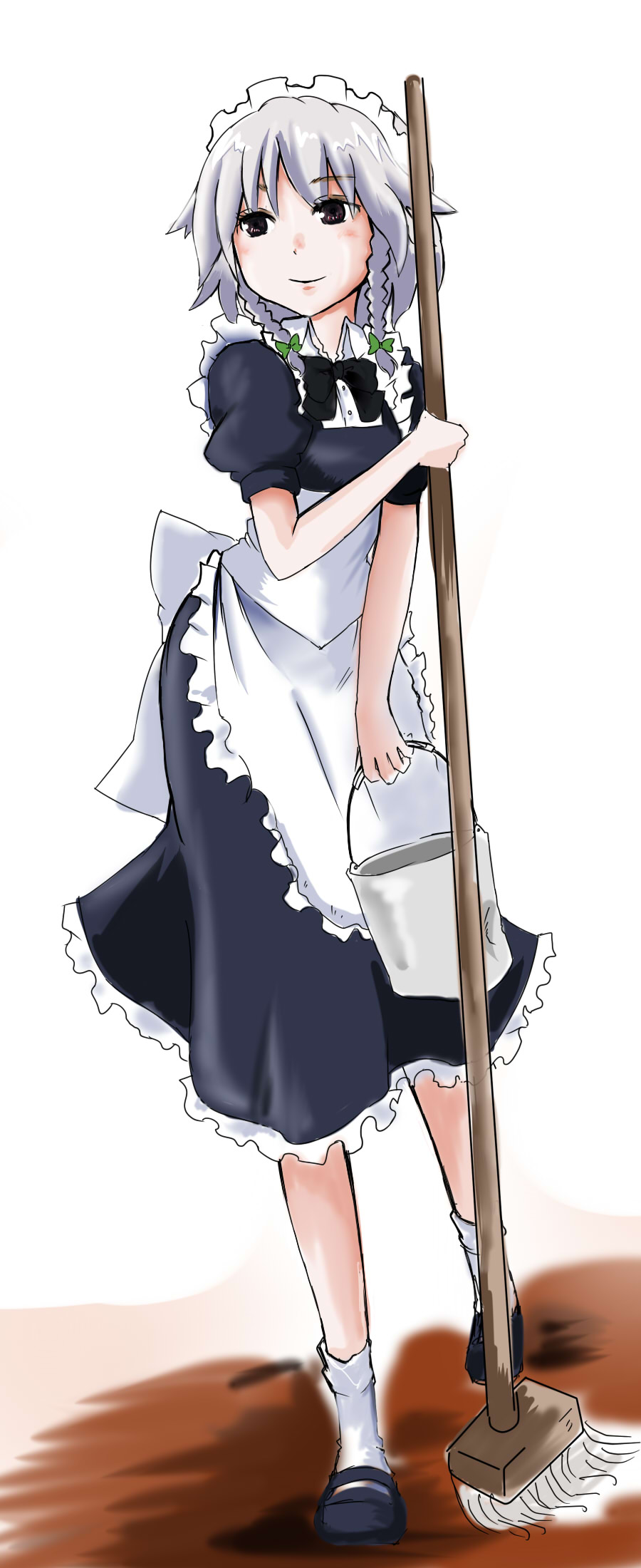 wakie, izayoi sakuya, touhou, silver hair, highres, 1girl, braid, bucket, female focus, full body, hairband, maid, mop, ribbon, short hair, solo, twin braids, white background