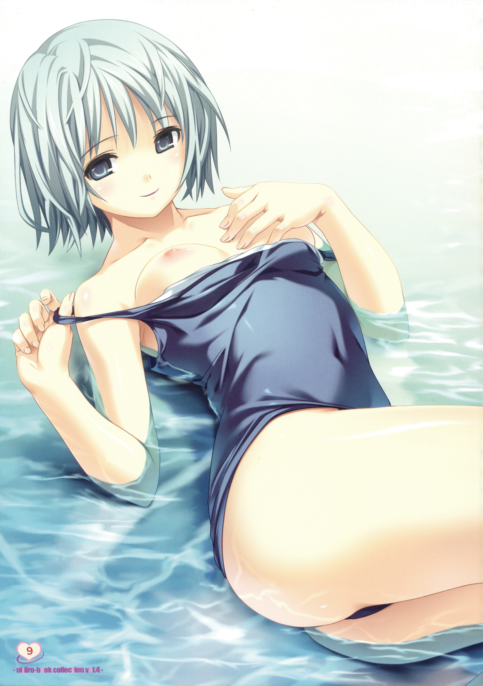 koutaro, original, silver hair, absurdres, highres, 1girl, bare shoulders, beach, blue eyes, breasts, clothes pull, female focus, lying, nipples, one-piece swimsuit, one-piece swimsuit pull, outdoors, pulling own clothes, school swimsuit, short hair, small breasts, solo, swimsuit, undressing, water