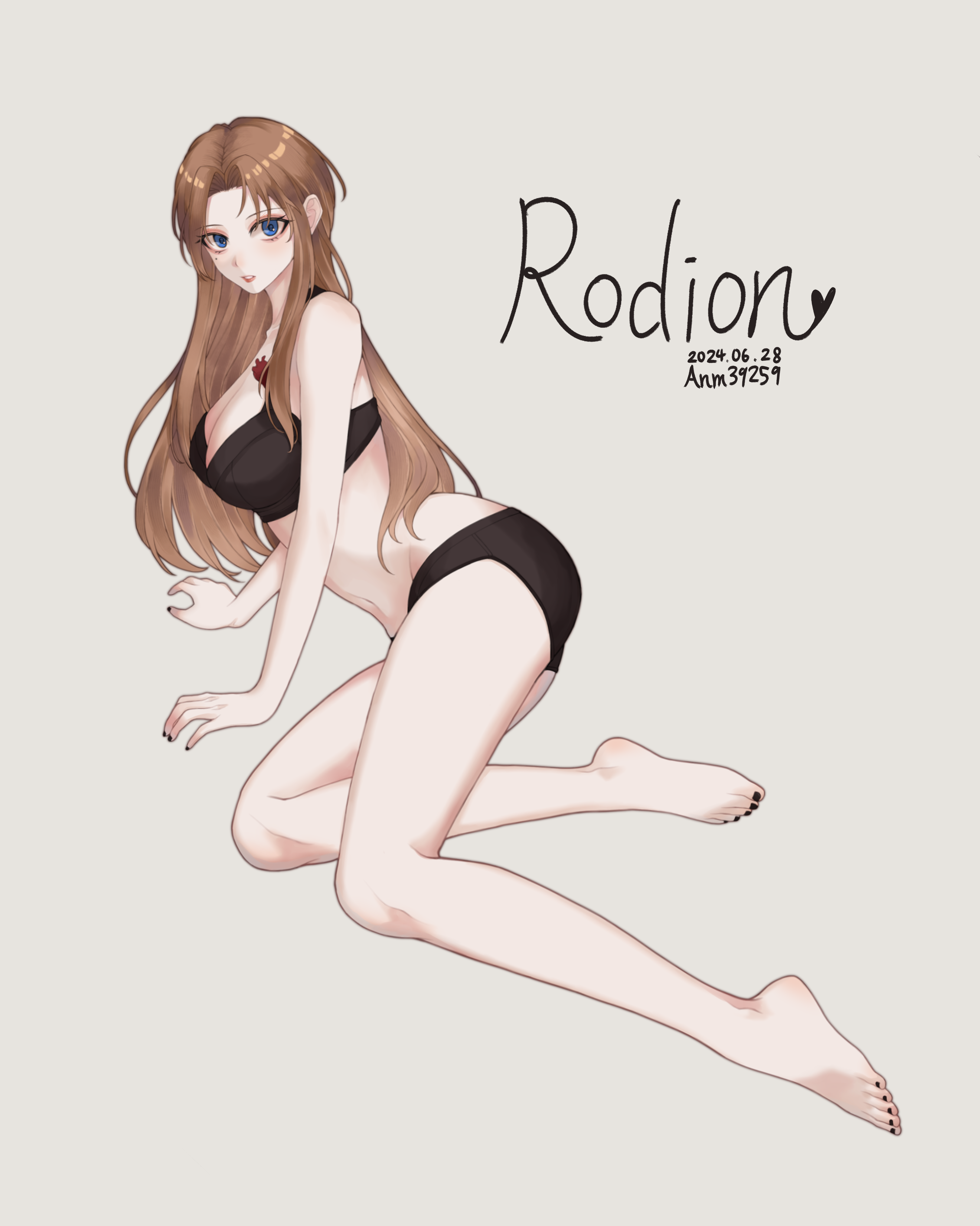 rodion (project moon), limbus company, project moon, absurdres, highres, 1girl, alternate costume, anm39259, armpit crease, artist name, bare arms, bare back, bare hips, bare legs, bare shoulders, barefoot, blue eyes, breasts, brown hair, character name, feet, large breasts, long hair, looking at viewer, lying, mole, mole under eye, nail polish, navel, open mouth, solo, tattoo, teeth, thighs, underwear
