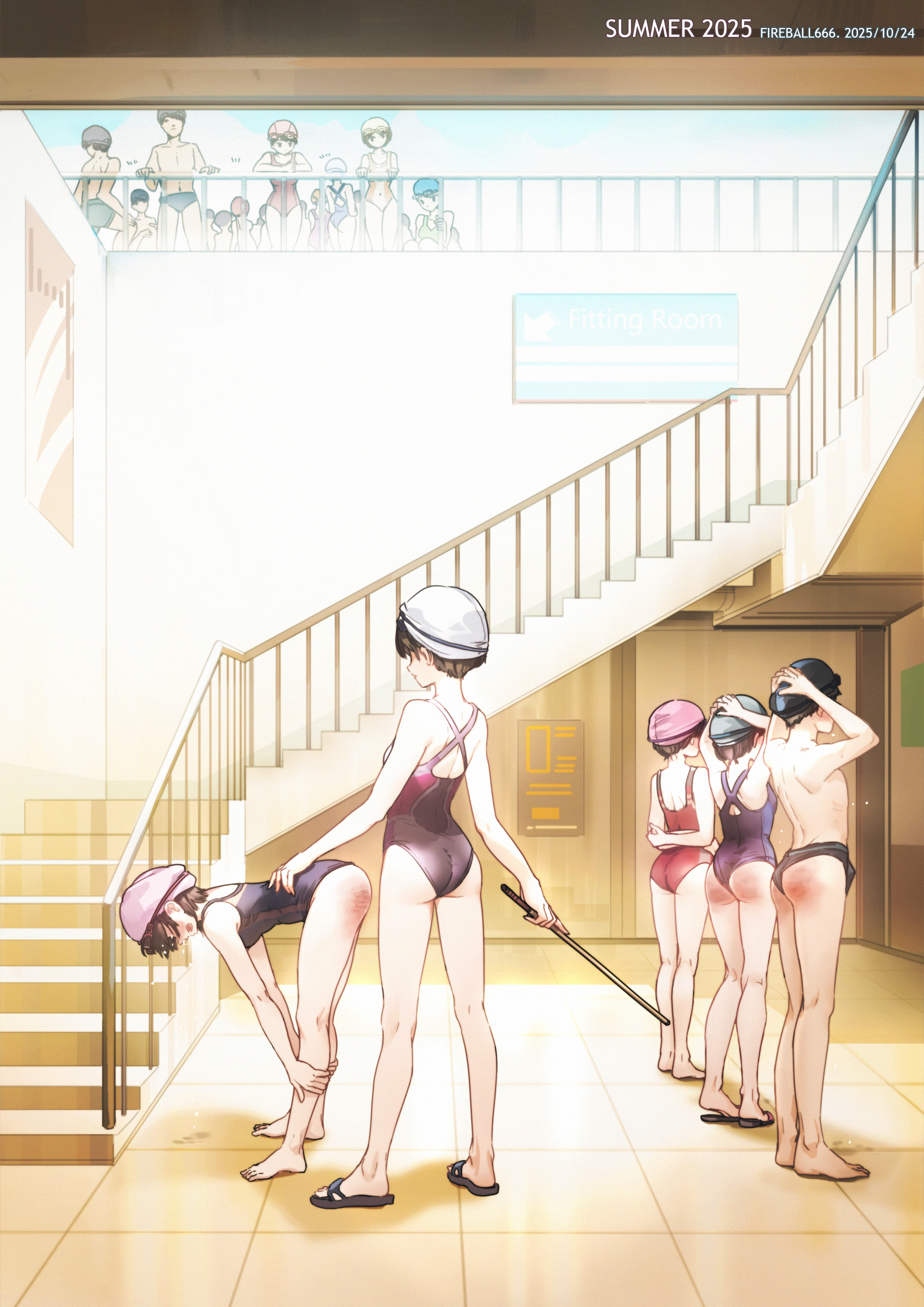 fireball 666, original, absurdres, highres, 6+boys, 6+girls, arms behind back, barefoot, bent over, black one-piece swimsuit, black sandals, blue one-piece swimsuit, blue sky, closed mouth, cloud, cloudy sky, crying, day, faceless, faceless female, faceless male, hair over eyes, indoors, looking at another, multiple boys, multiple girls, one-piece swimsuit, open mouth, red one-piece swimsuit, sandals, short hair, sky, spanked, spanking, stairs, standing, swim cap, swimsuit, yellow one-piece swimsuit
