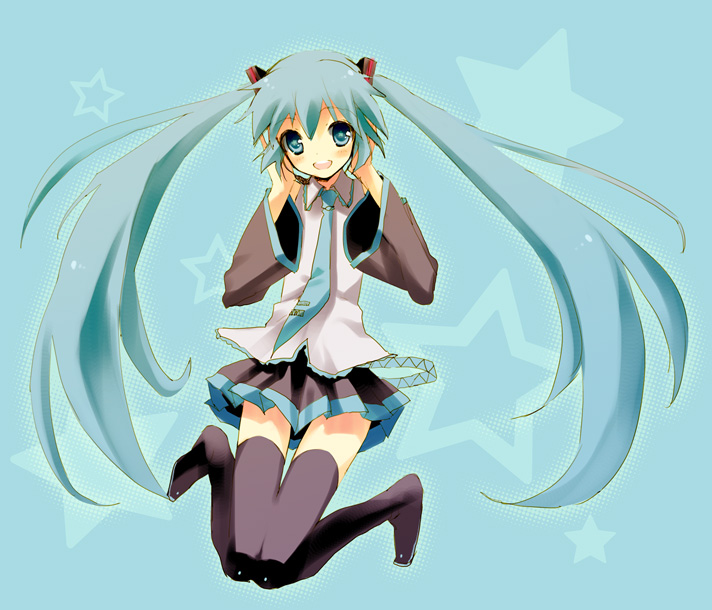 toranosuke, hatsune miku, vocaloid, :d, aqua eyes, aqua hair, blush, headset, long hair, necktie, open mouth, skirt, smile, solo, thighhighs, twintails, zettai ryouiki