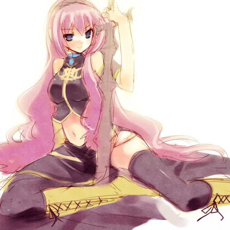 toranosuke, megurine luka, vocaloid, bare shoulders, blue eyes, long hair, midriff, pink hair, smile, solo, thighhighs