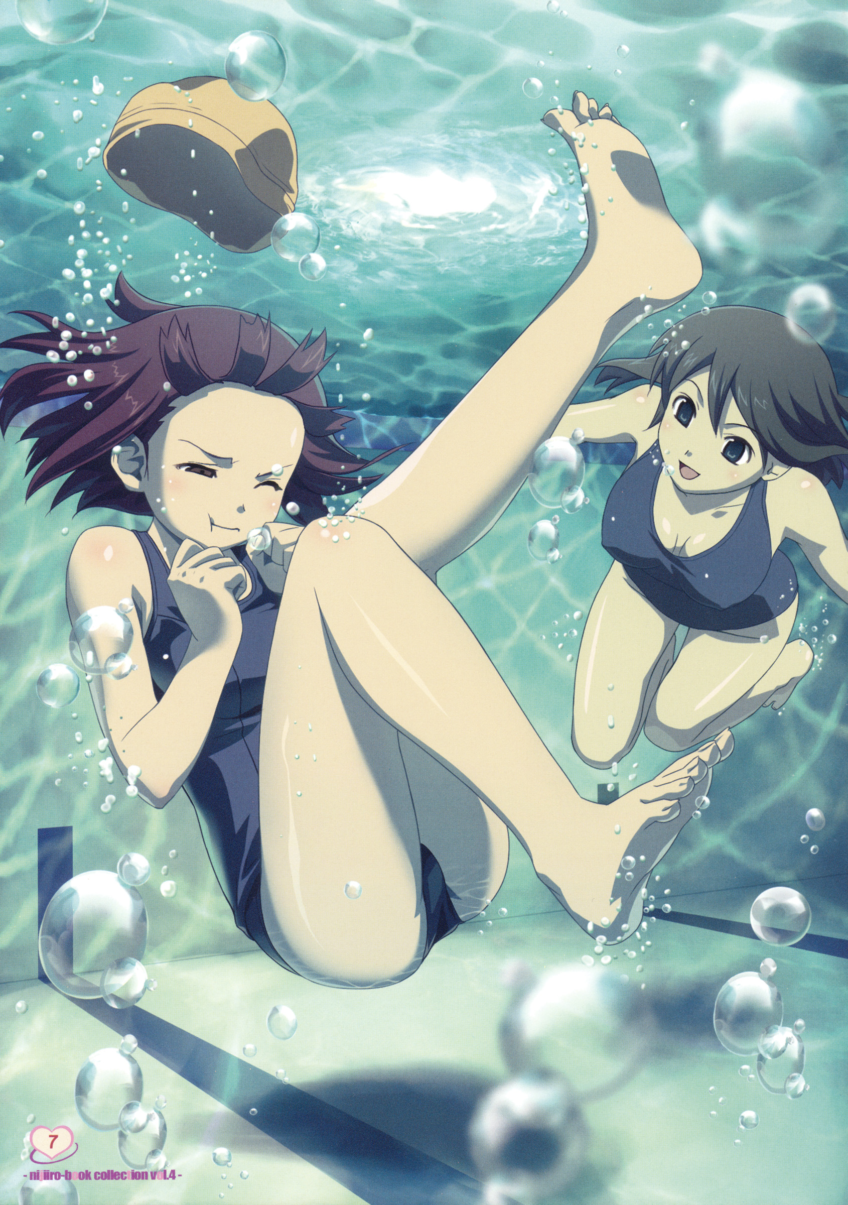 koutaro, original, absurdres, highres, 2girls, barefoot, bubble, feet, legs, multiple girls, one-piece swimsuit, one eye closed, school swimsuit, swimsuit, underwater, wink