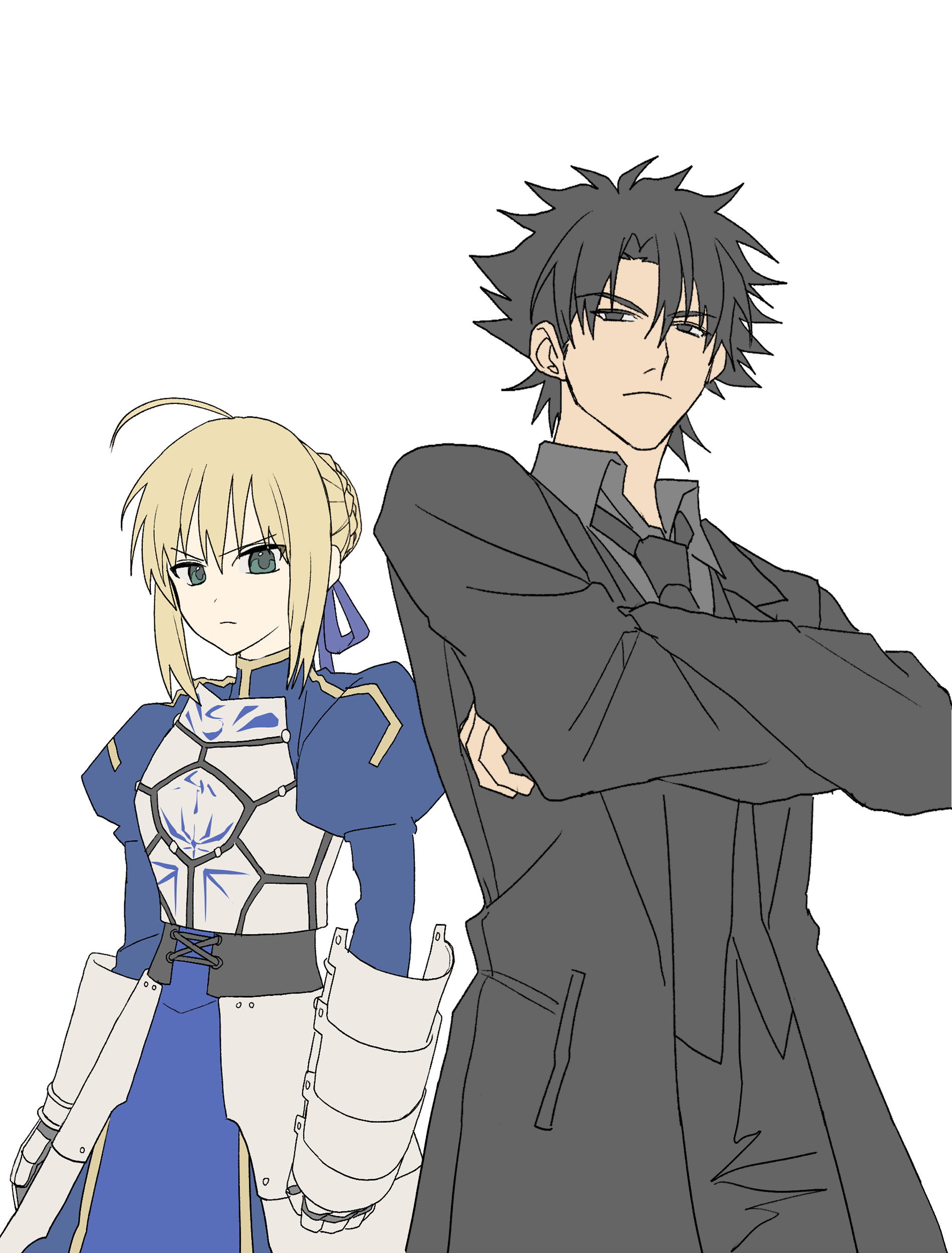 0304rong0304, artoria pendragon (fate), emiya kiritsugu, saber (fate), fate/zero, fate (series), absurdres, commentary request, highres, korean commentary, 1boy, 1girl, ahoge, armor, armored dress, black coat, black eyes, black hair, black necktie, black suit, black vest, blonde hair, blue dress, braid, bun with braided base, coat, crossed arms, dress, formal clothes, frown, gauntlets, green eyes, hair bun, hair ribbon, juliet sleeves, long sleeves, necktie, puffy sleeves, ribbon, serious, single hair bun, suit, vest