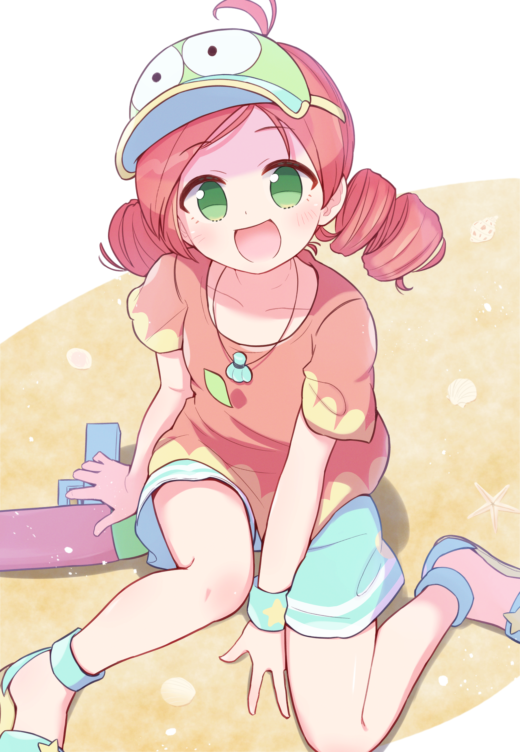 jazz grace, andou ringo, puyo (puyopuyo), puyopuyo, puyopuyo quest, absurdres, commentary request, highres, 1girl, ahoge, andou ringo (summery), between legs, blue shorts, blush, character hat, collarbone, dot nose, drill hair, green eyes, green hat, hand between legs, hat, holding, holding water gun, jewelry, kneeling, leaf, necklace, official alternate costume, open mouth, red hair, shell, shell necklace, shorts, solo, sweatband, swimsuit, twin drills, visor cap, water gun, wristband