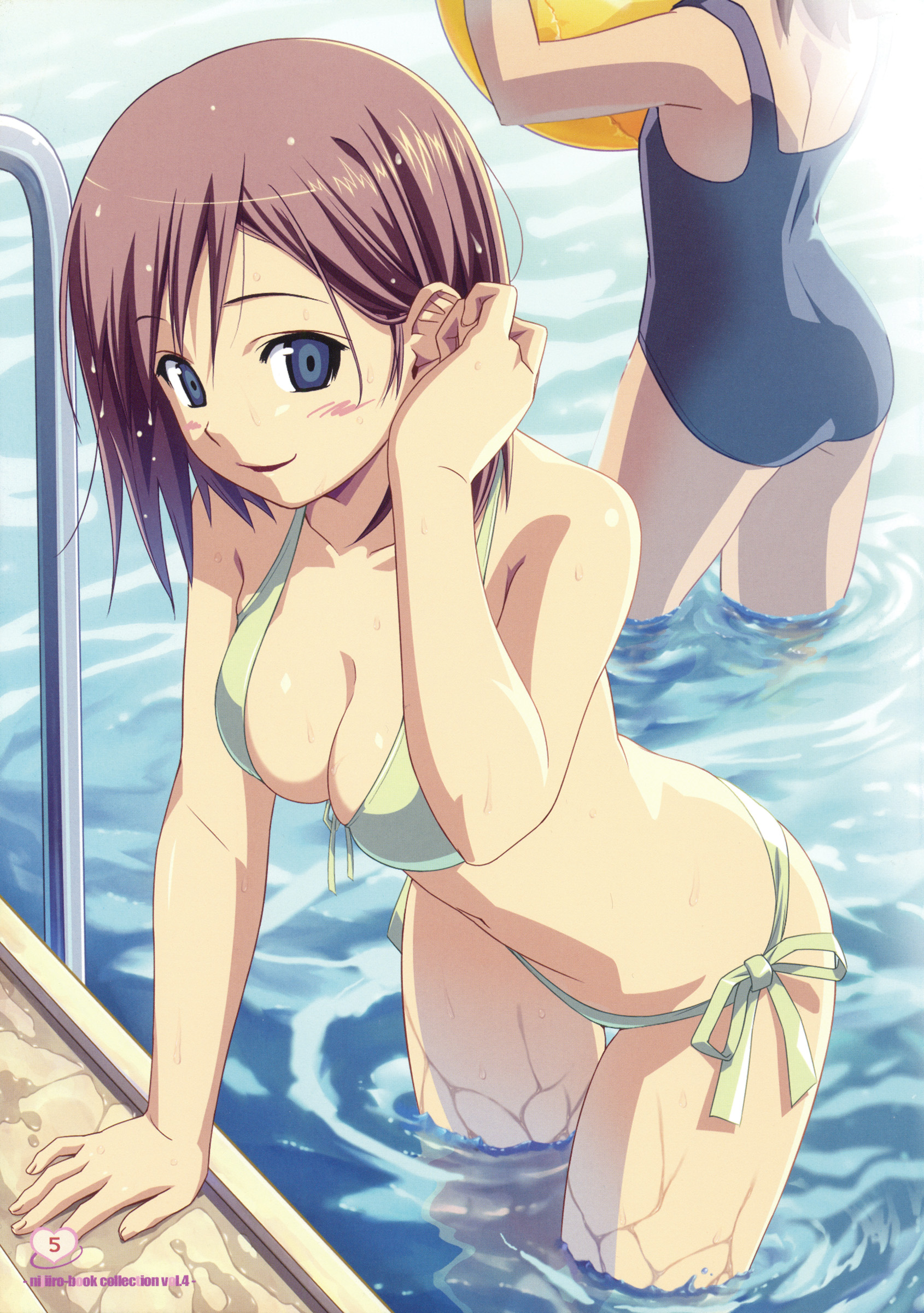 koutaro, original, absurdres, highres, 2girls, adjusting hair, ball, bent over, bikini, blue eyes, blush, breasts, brown hair, cleavage, front-tie top, green bikini, leaning forward, looking at viewer, medium breasts, multiple girls, one-piece swimsuit, partially submerged, pool, pool ladder, poolside, school swimsuit, short hair, side-tie bikini bottom, smile, solo focus, swimsuit, thigh gap, water, wet