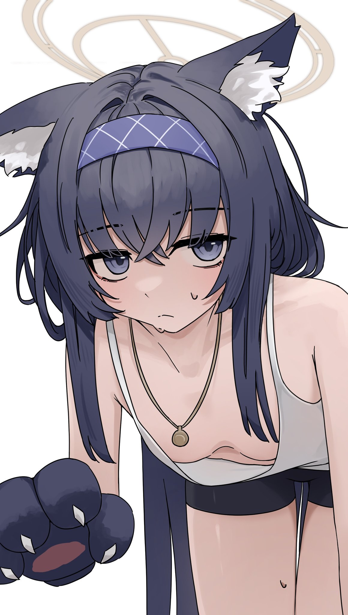 guwall, ui (blue archive), blue archive, commentary, highres, 1girl, blue hair, breasts, halo, long hair, looking at viewer, shirt, simple background, small breasts, solo, sweat, white background, white shirt