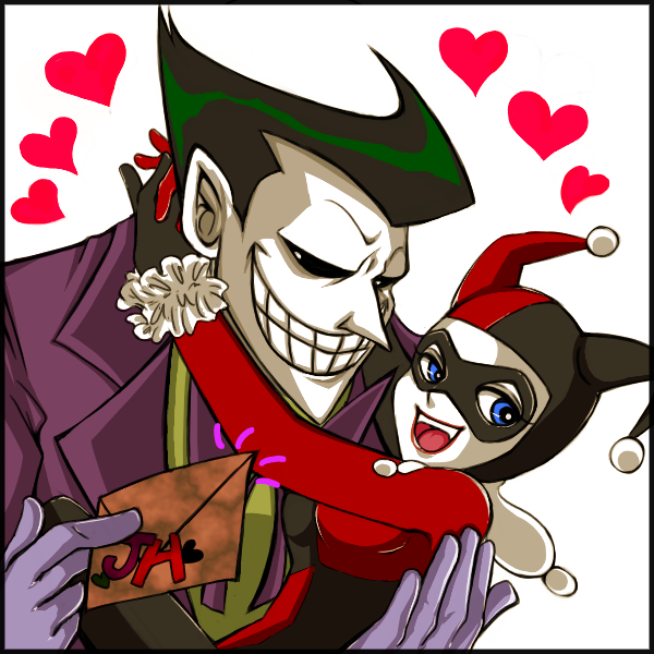 yamaneko tora, harley quinn, the joker, batman: the animated series, batman (series), dc comics, dcau, bad id, bad pixiv id, 1boy, 1girl, black bodysuit, black sclera, blue eyes, bodysuit, bow, bowtie, colored sclera, colored skin, couple, domino mask, envelope, eye mask, gloves, green hair, hat, heart, hetero, jester, jester cap, mask, open mouth, smile, teeth, white skin