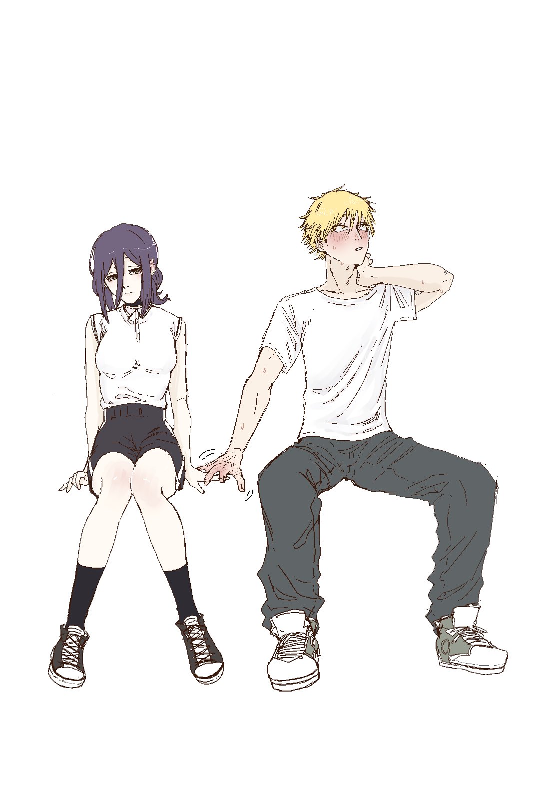 denji (chainsaw man), reze (chainsaw man), chainsaw man, commentary request, highres, 1boy, 1girl, black choker, black hair, black pants, black shorts, blonde hair, blush, choker, closed mouth, collared shirt, embarrassed, full body, hair between eyes, hand blush, hetero, holding hands, hurihora ban, invisible chair, looking at another, pants, shirt, shoes, short hair, shorts, simple background, sitting, sleeveless, sleeveless shirt, sneakers, sweat, t-shirt, trembling, white background, white shirt, yellow eyes