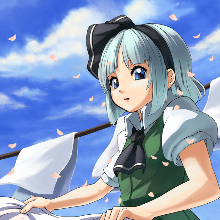 hijiri (pixiv), hijirisu (spity), konpaku youmu, touhou, silver hair, 1girl, blue eyes, cherry blossoms, female focus, hairband, laundry, short hair, solo