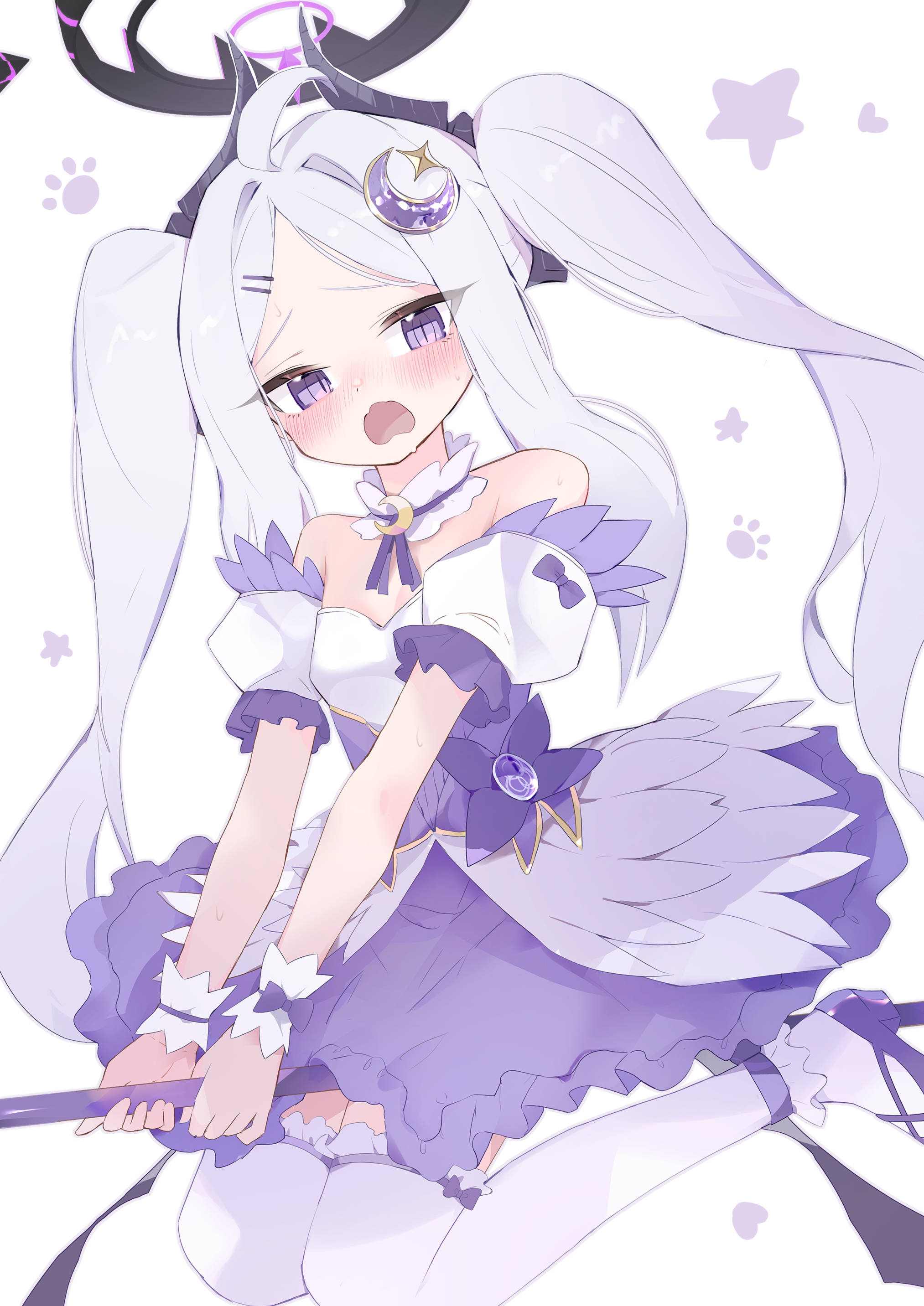 ura ra1800, hina (blue archive), blue archive, absurdres, commentary, highres, 1girl, ahoge, black halo, breasts, demon girl, demon horns, demon wings, halo, horns, long hair, low wings, magical girl, open mouth, purple eyes, small breasts, solo, twintails, very long hair, white hair, wings