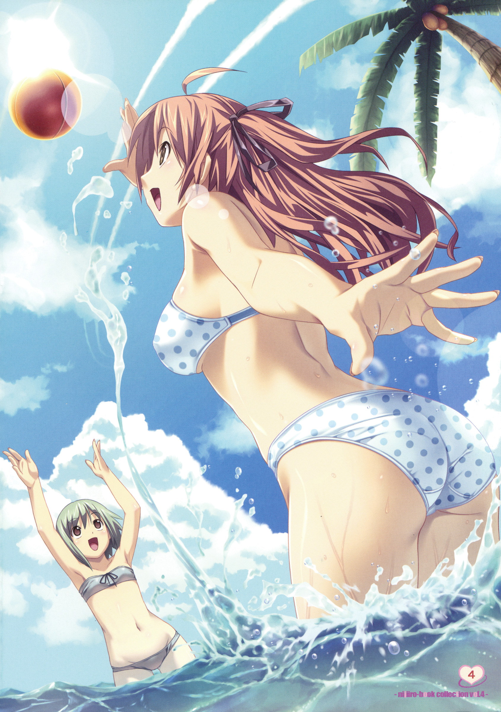 koutaro, original, absurdres, highres, 2girls, ass, ball, beach, beachball, bikini, cloud, day, flat chest, multiple girls, outdoors, palm tree, polka dot, polka dot bikini, polka dot swimsuit, sky, sun, swimsuit, tree, water