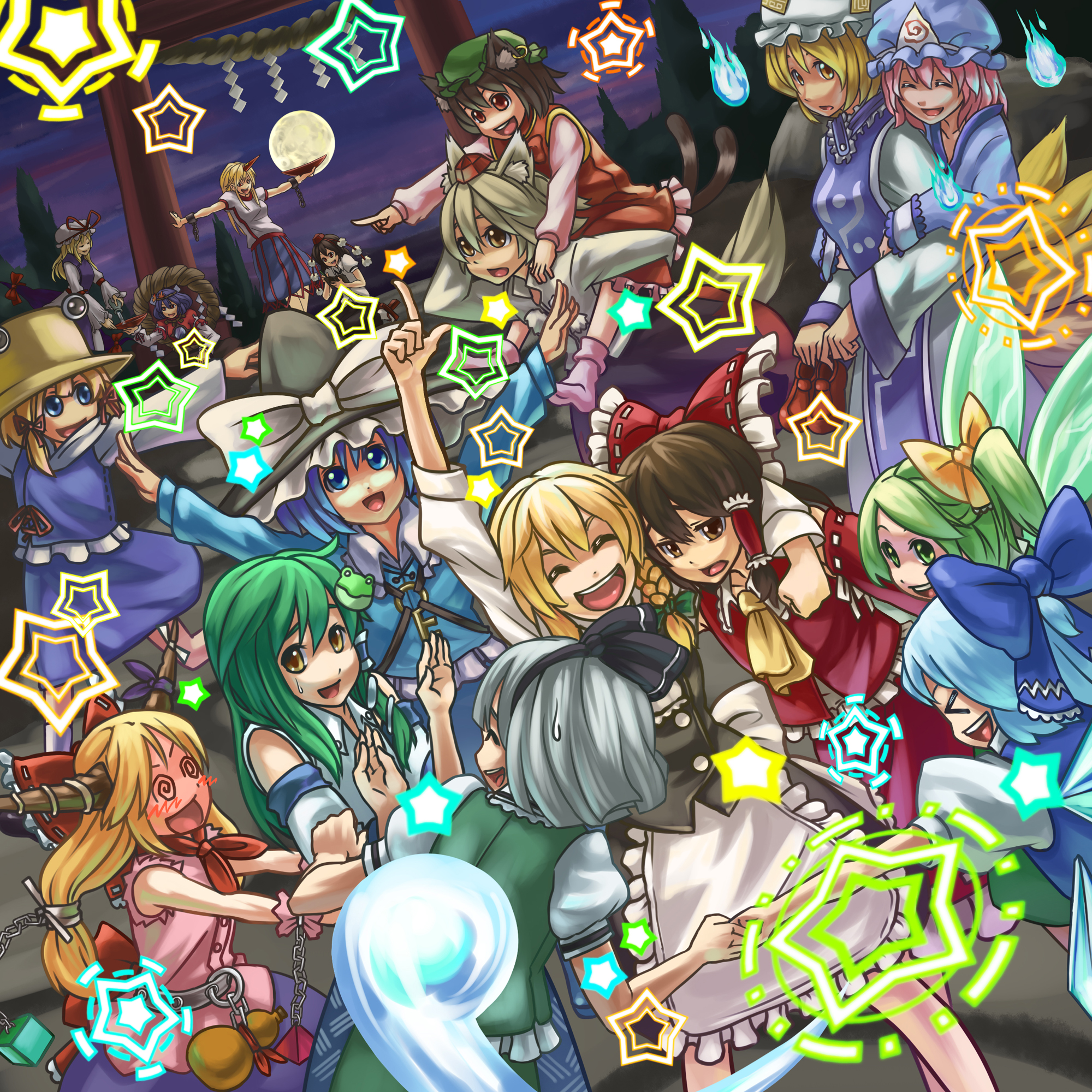 hijiri (pixiv), hijirisu (spity), chen, cirno, daiyousei, hakurei reimu, hoshiguma yuugi, ibuki suika, inubashiri momiji, kawashiro nitori, kirisame marisa, kochiya sanae, konpaku youmu, konpaku youmu (ghost), moriya suwako, saigyouji yuyuko, shameimaru aya, yakumo ran, yakumo yukari, yasaka kanako, touhou, highres, 6+girls, blonde hair, danmaku, drunk, everyone, female focus, festival, full moon, geta, hat, hitodama, horns, hug, hug from behind, long hair, long sleeves, moon, multiple girls, night, outdoors, puffy short sleeves, puffy sleeves, short hair, short sleeves, single horn, socks, tengu-geta, wide sleeves