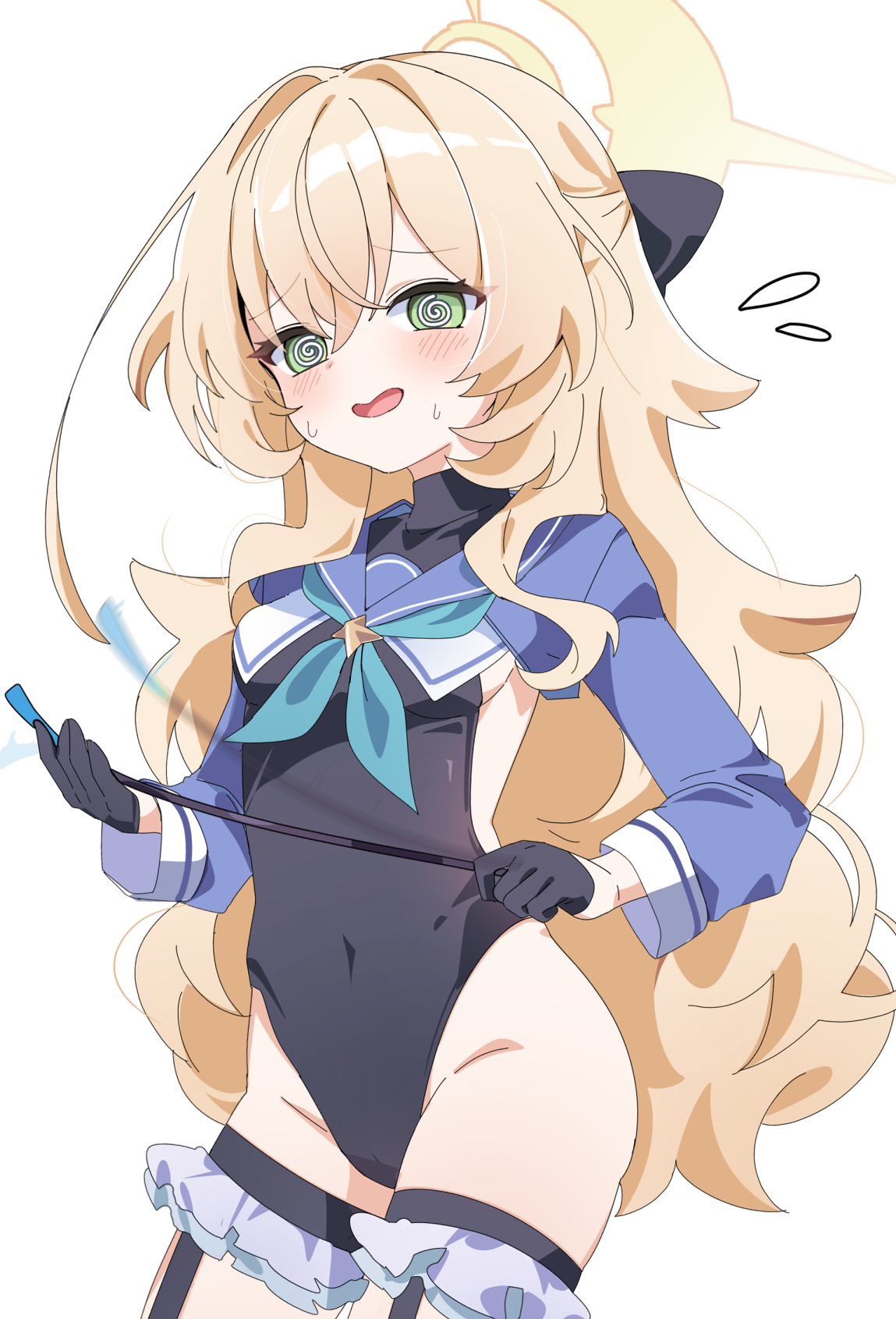 chaum, professor niyaniya (blue archive), shimiko (blue archive), shimiko (magical) (blue archive), blue archive, highres, 1girl, @ @, black gloves, blonde hair, blush, breasts, gloves, green eyes, halo, highleg, highleg leotard, leotard, long hair, open mouth, simple background, small breasts, solo, standing, white background