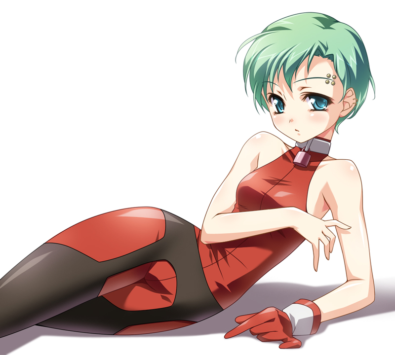 yasaka minato, hal, mugen no ryvius, aqua eyes, bodysuit, gloves, green hair, lying, short hair, sleeveless, sleeveless turtleneck, solo, turtleneck