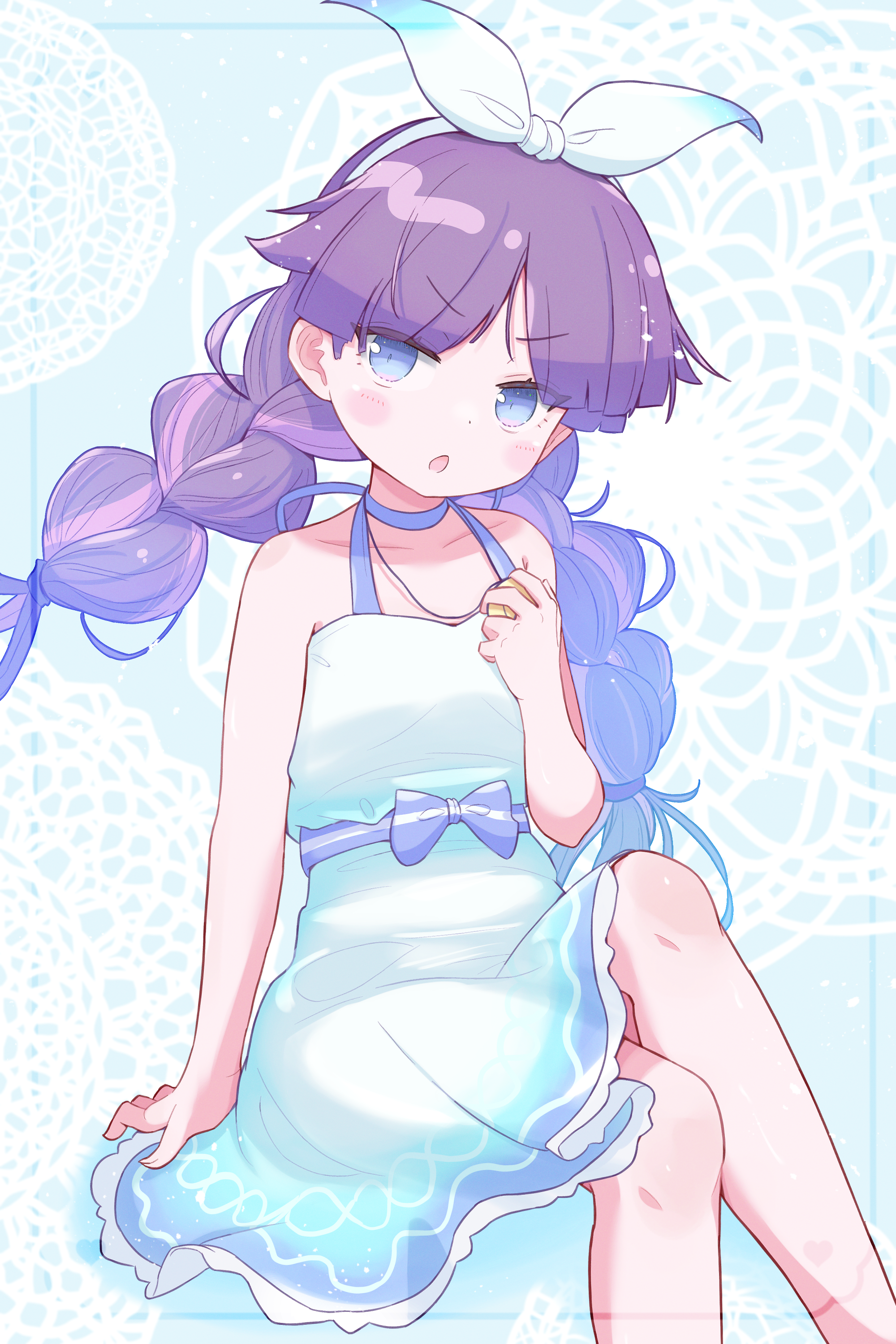 jazz grace, feli (puyopuyo), puyopuyo, puyopuyo fever, puyopuyo quest, absurdres, commentary request, highres, 1girl, annoyed, blue eyes, blush, braid, collarbone, dress, hair ribbon, headband, holding, holding pendant, jewelry, long hair, looking at viewer, official alternate costume, pendant, purple hair, purple ribbon, purple sash, ribbon, sash, sitting, solo, sundress, twin braids, white dress, white headband, white ribbon