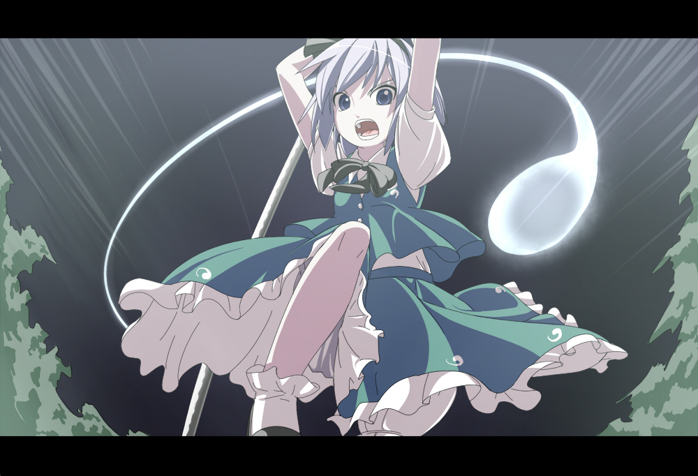 ippaiccha, yudofu, konpaku youmu, konpaku youmu (ghost), touhou, silver hair, bad id, bad pixiv id, 1girl, action, female focus, fighting stance, hitodama, katana, letterboxed, open mouth, short hair, solo, sword, weapon