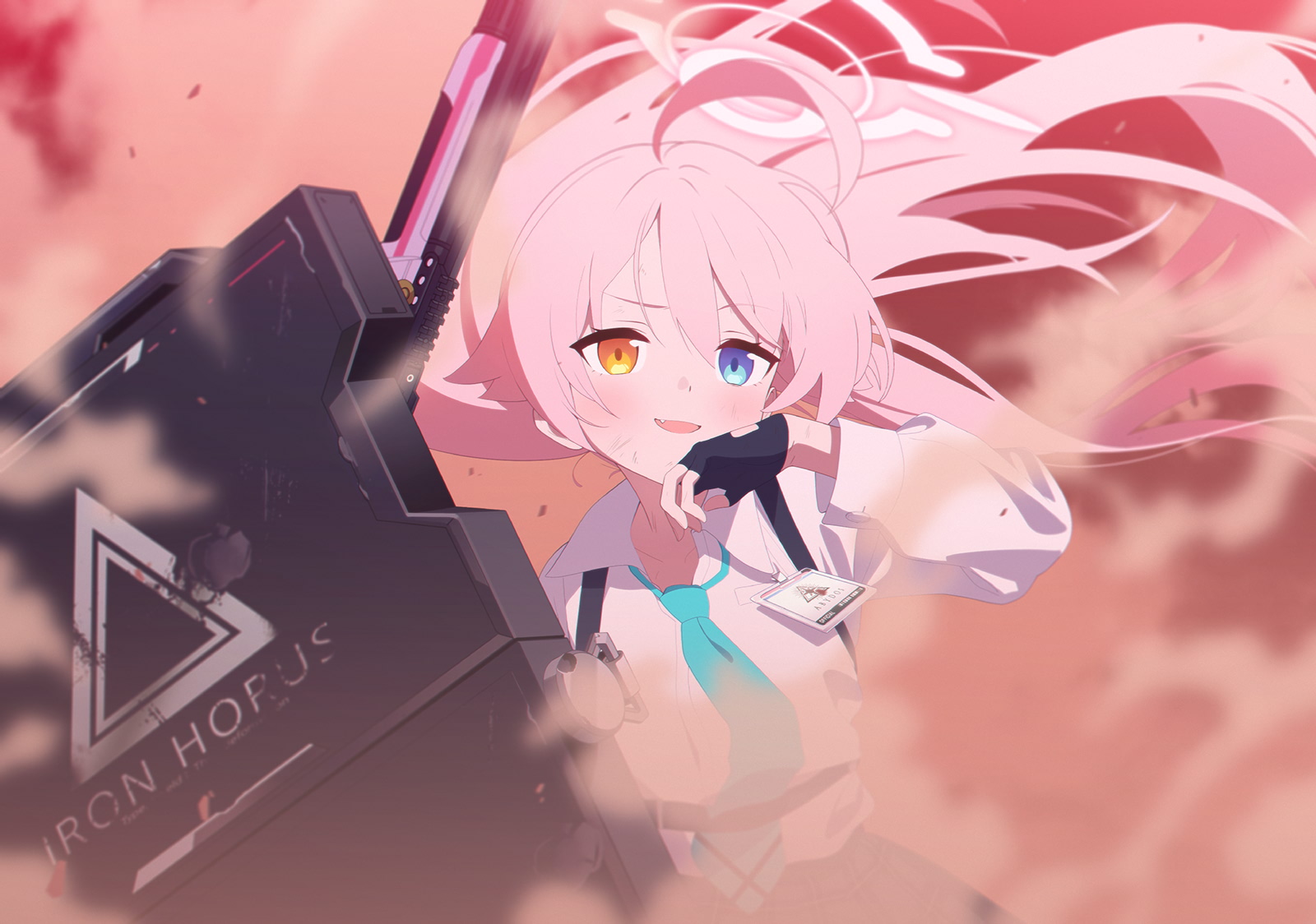 hoshino (blue archive), blue archive, artist request, game cg, highres, non-web source, official art, spoilers, 1girl, abydos high school logo, ahoge, ballistic shield, beretta 1301, black gloves, black skirt, blue eyes, blue necktie, blush, bruise, chest strap, collared shirt, cowboy shot, damaged, dust, fang, fingerless gloves, floating hair, gloves, gun, hair ears, halo, hand on own face, heterochromia, holding, holding shield, holding weapon, id card, injury, long hair, looking ahead, loose necktie, necktie, open mouth, pink hair, pink halo, red sky, shield, shirt, shotgun, skirt, sky, sleeves past wrists, smile, smoke, solo, upper body, weapon, white shirt, yellow eyes