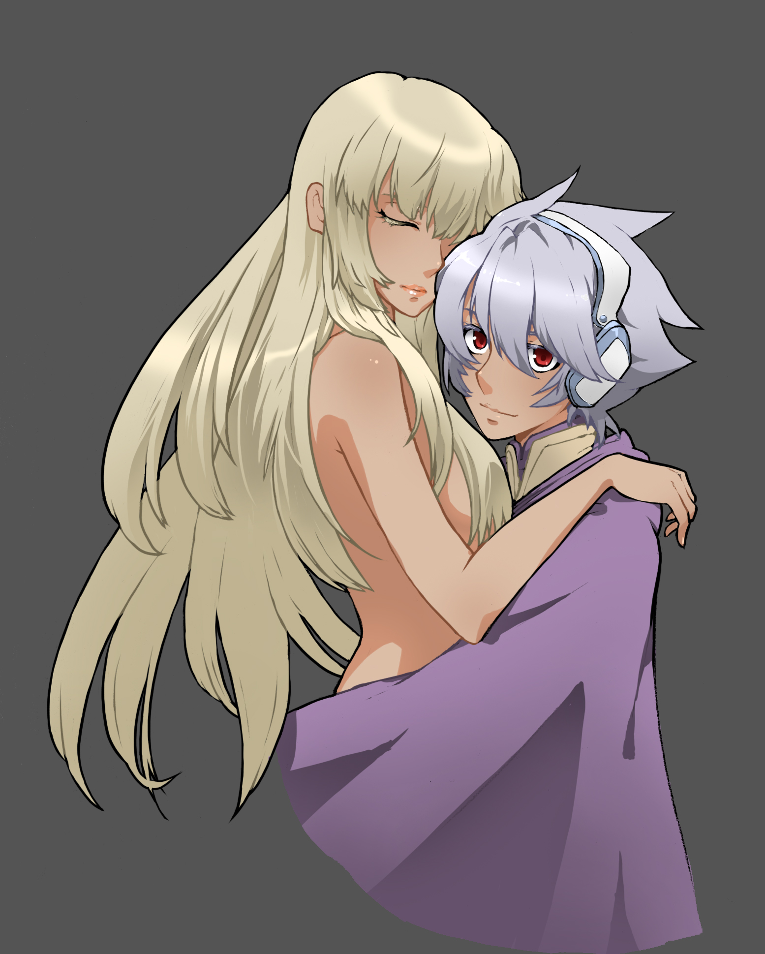 deyezi, physis, soldier blue, toward the terra, silver hair, bad id, bad pixiv id, highres, 1boy, 1girl, albino, blonde hair, cape, closed eyes, couple, headphones, hetero, leaning, long hair, nude, red eyes, smile