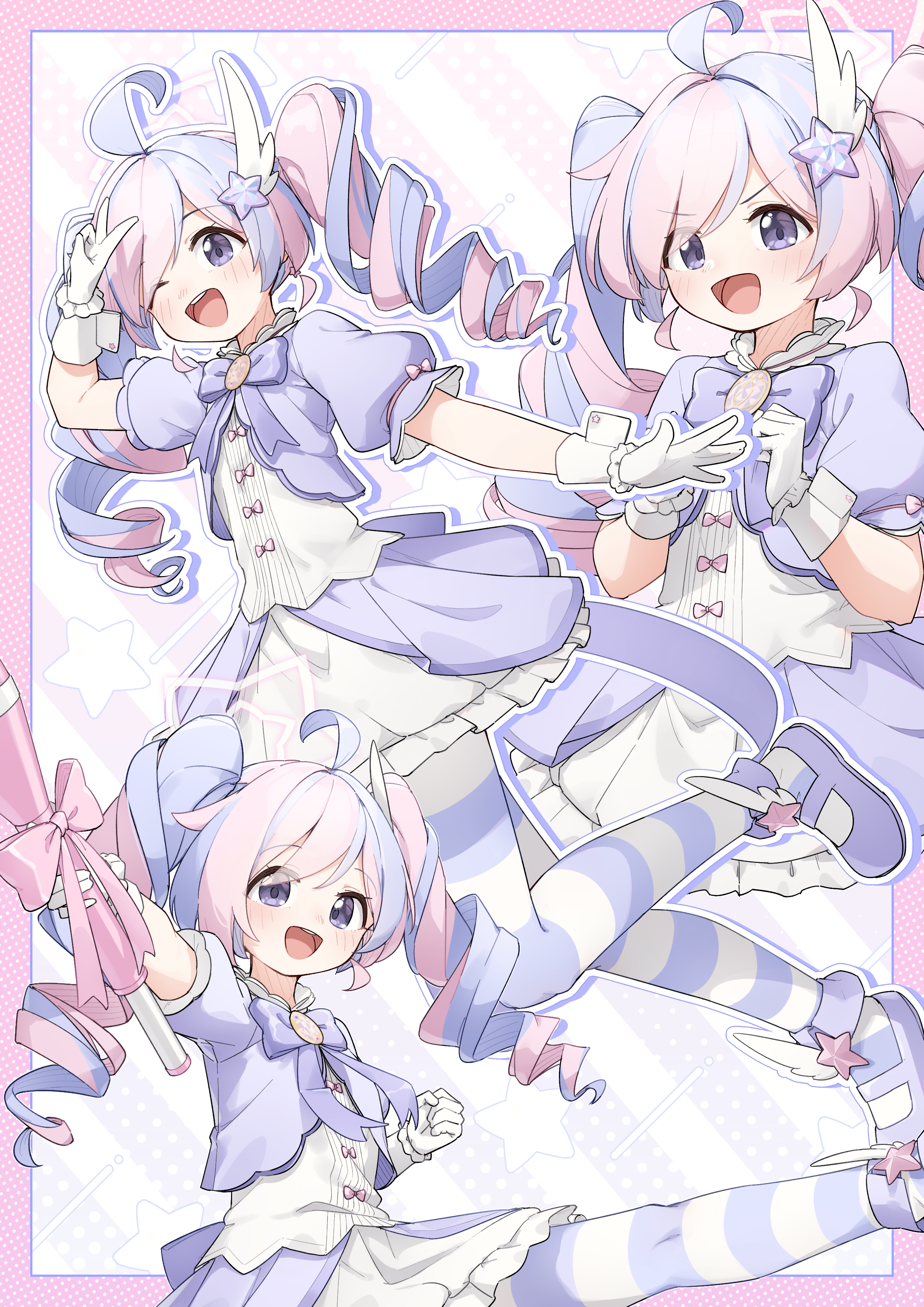 kafuukamiya, reisa (blue archive), reisa (magical) (blue archive), blue archive, absurdres, highres, 1girl, ahoge, clenched hand, dress, gloves, hair ornament, holding, holding staff, long hair, looking at viewer, magical girl, multicolored hair, multiple views, official alternate costume, official alternate hairstyle, one eye closed, open mouth, pantyhose, pink hair, puffy short sleeves, puffy sleeves, purple hair, shoes, short sleeves, smile, staff, striped clothes, striped pantyhose, teeth, twintails, two-tone hair, upper teeth only, v-shaped eyebrows, very long hair, white gloves, white wrist cuffs, wrist cuffs