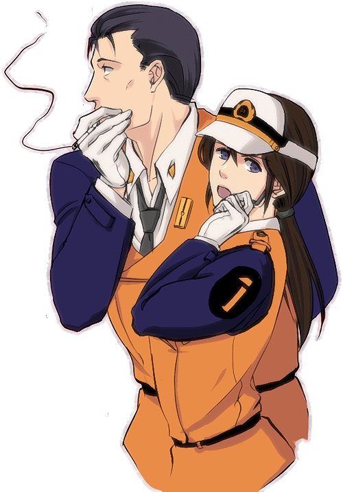 ktsis, goto kiichi, gotou kiichi, nagumo shinobu, kidou keisatsu patlabor, bad id, 1boy, 1girl, brown hair, cigarette, gloves, hat, police, ponytail, smoking, vest