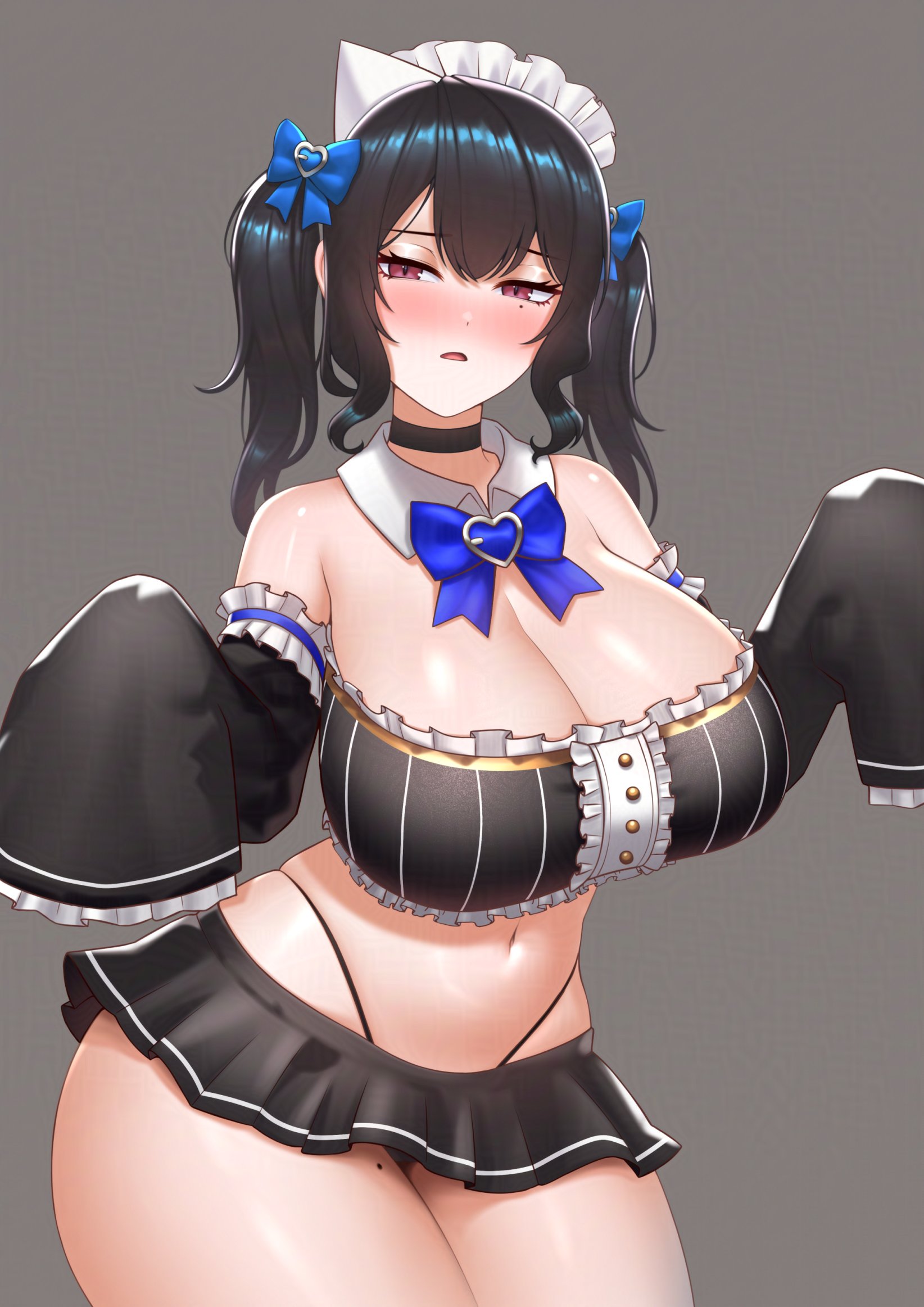 cipher4109, mint fantome, nerissa ravencroft, hololive, hololive english, indie virtual youtuber, highres, 1girl, alternate costume, alternate form, apron, bare shoulders, black hair, black panties, black sleeves, blue hair, blush, breasts, cleavage, closed mouth, colored inner hair, cowboy shot, detached sleeves, dress, frills, ghost girl, ghost tail, large breasts, long hair, long sleeves, looking at viewer, maid, maid apron, maid headdress, mole, mole under eye, multicolored hair, navel, one eye closed, open mouth, panties, red eyes, smile, solo, string panties, thighs, two-tone hair, underwear, very long hair, virtual youtuber