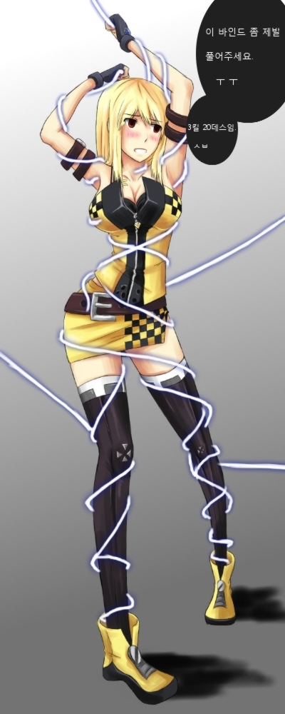 s4 league, translated, bdsm, blonde hair, blush, bondage, bound, fingerless gloves, gloves, korean text, text focus