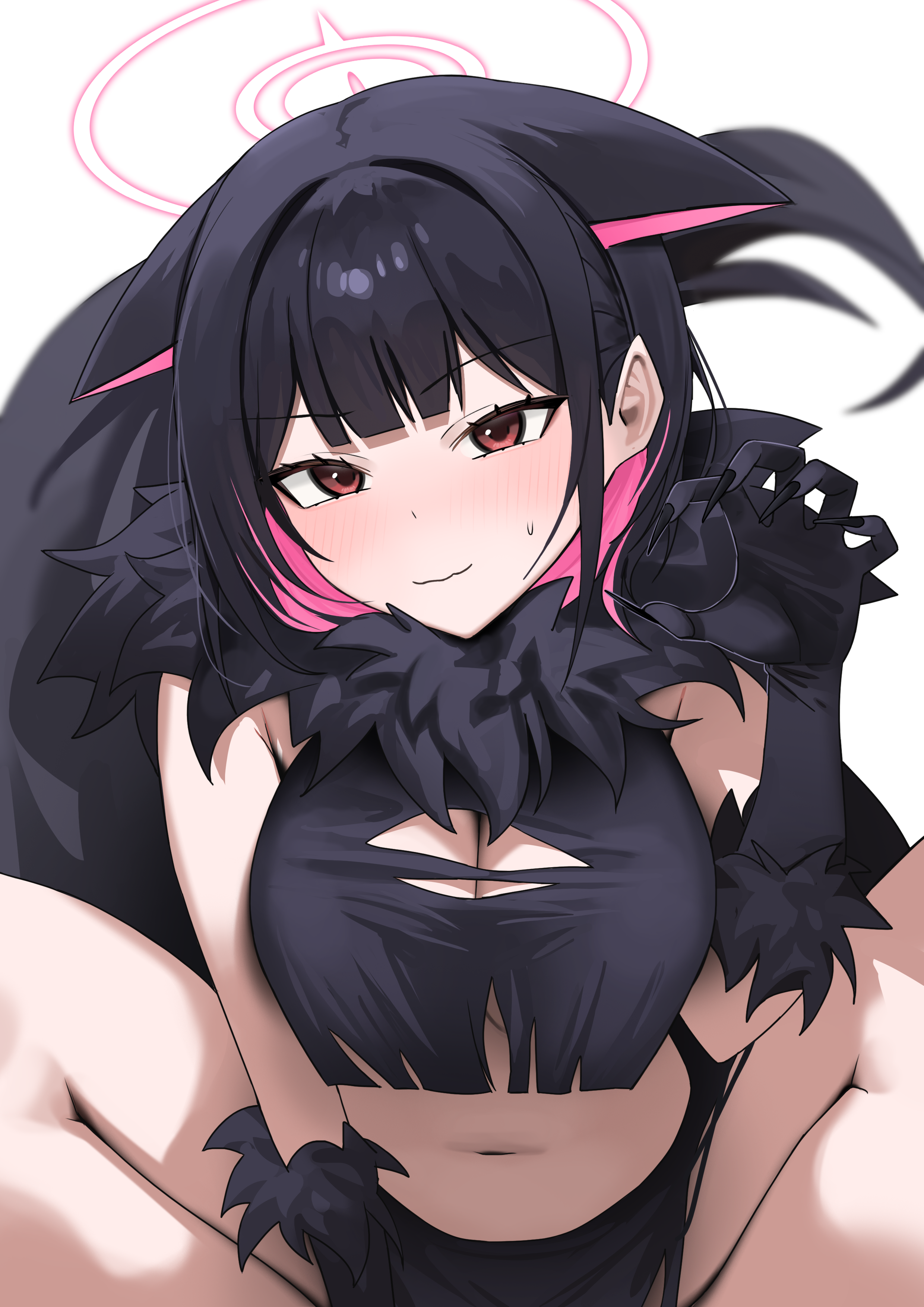 momocadraw, kazusa (blue archive), kazusa (halloween) (blue archive), blue archive, absurdres, commentary request, highres, 1girl, animal ears, black claws, blush, breasts, cat ears, cleavage, closed mouth, colored inner animal ears, colored inner hair, ears down, extra ears, fake claws, fur-trimmed gloves, fur scarf, fur sleeves, fur trim, gloves, halloween costume, halo, large breasts, looking at viewer, multicolored hair, pink halo, short hair, simple background, solo, squatting, thighs, werewolf costume, white background