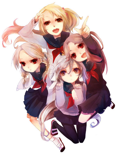 shimakoma, silver hair, 4girls, blonde hair, braid, multiple girls, pantyhose, ponytail, red eyes, school uniform