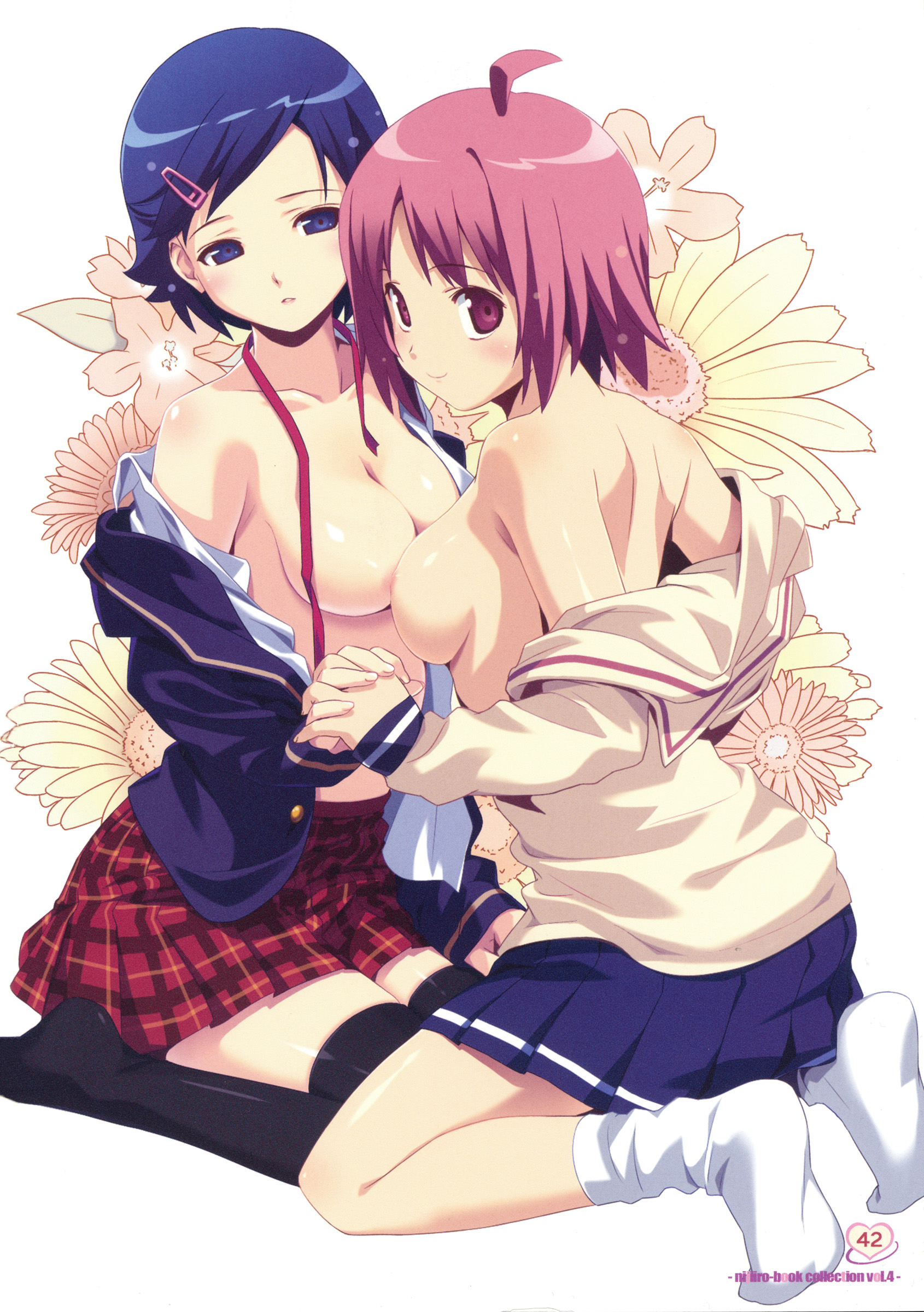 koutaro, original, absurdres, highres, 2girls, black thighhighs, blue eyes, blue hair, breast press, breasts, clothes pull, feet, multiple girls, red eyes, red hair, school uniform, shirt pull, short hair, socks, symmetrical docking, thighhighs, topless female, white socks, zettai ryouiki