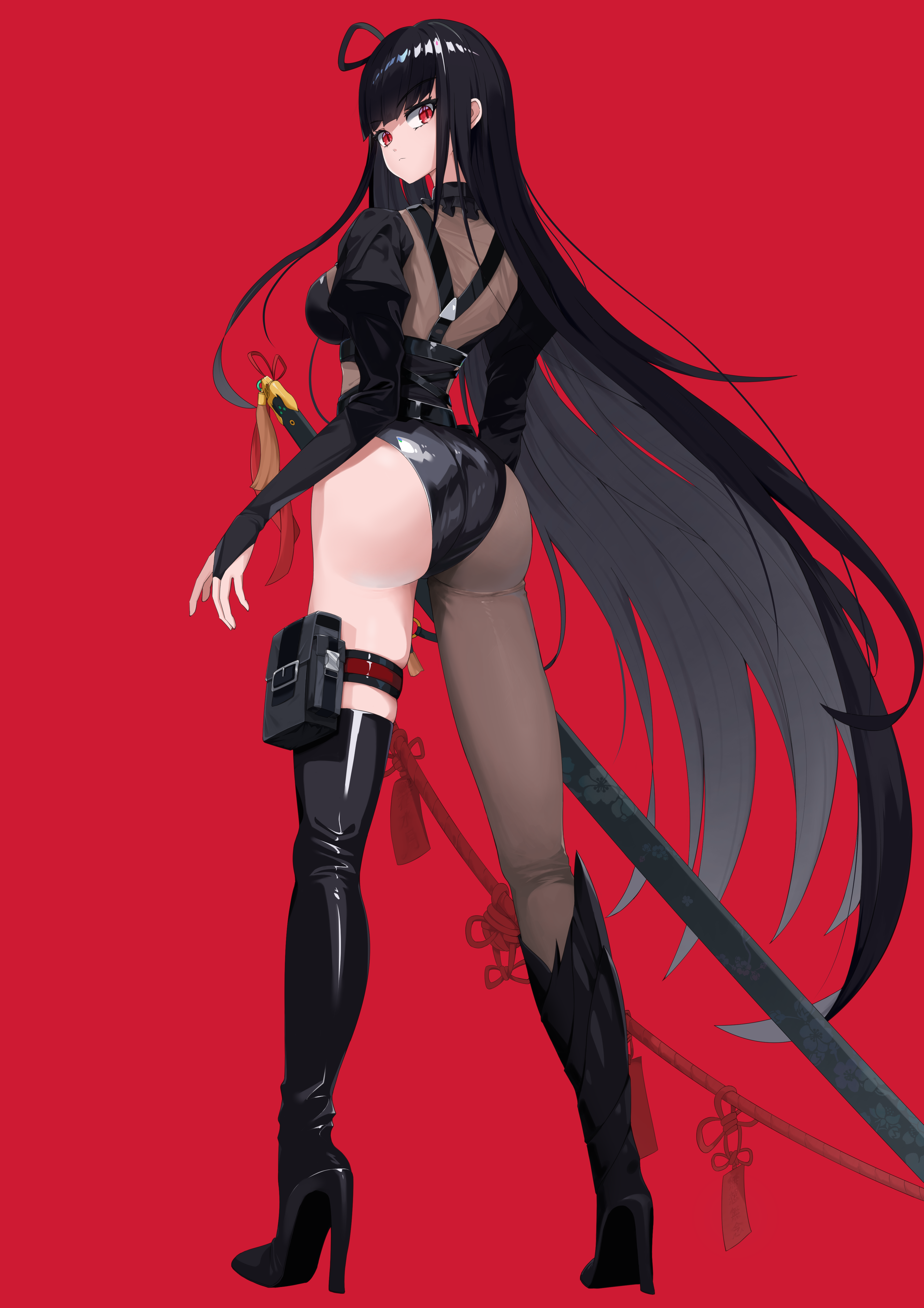 mk tory, chaos zero nightmare, black bodystocking, absurdres, commentary, highres, korean commentary, 1girl, ass, asymmetrical legwear, belt, belt collar, belt pouch, black belt, black boots, black bridal gauntlets, black hair, bodystocking, boots, breasts, bridal gauntlets, collar, colored inner hair, from behind, harness, high heel boots, high heels, katana, leotard, long hair, looking at viewer, mismatched legwear, multicolored hair, pouch, red background, red eyes, rin (chaos zero nightmare), see-through clothes, sidelocks, single hiphigh, single thighhigh, solo, strap, sword, tassel, thigh pouch, thigh strap, thighhighs, very long hair, weapon