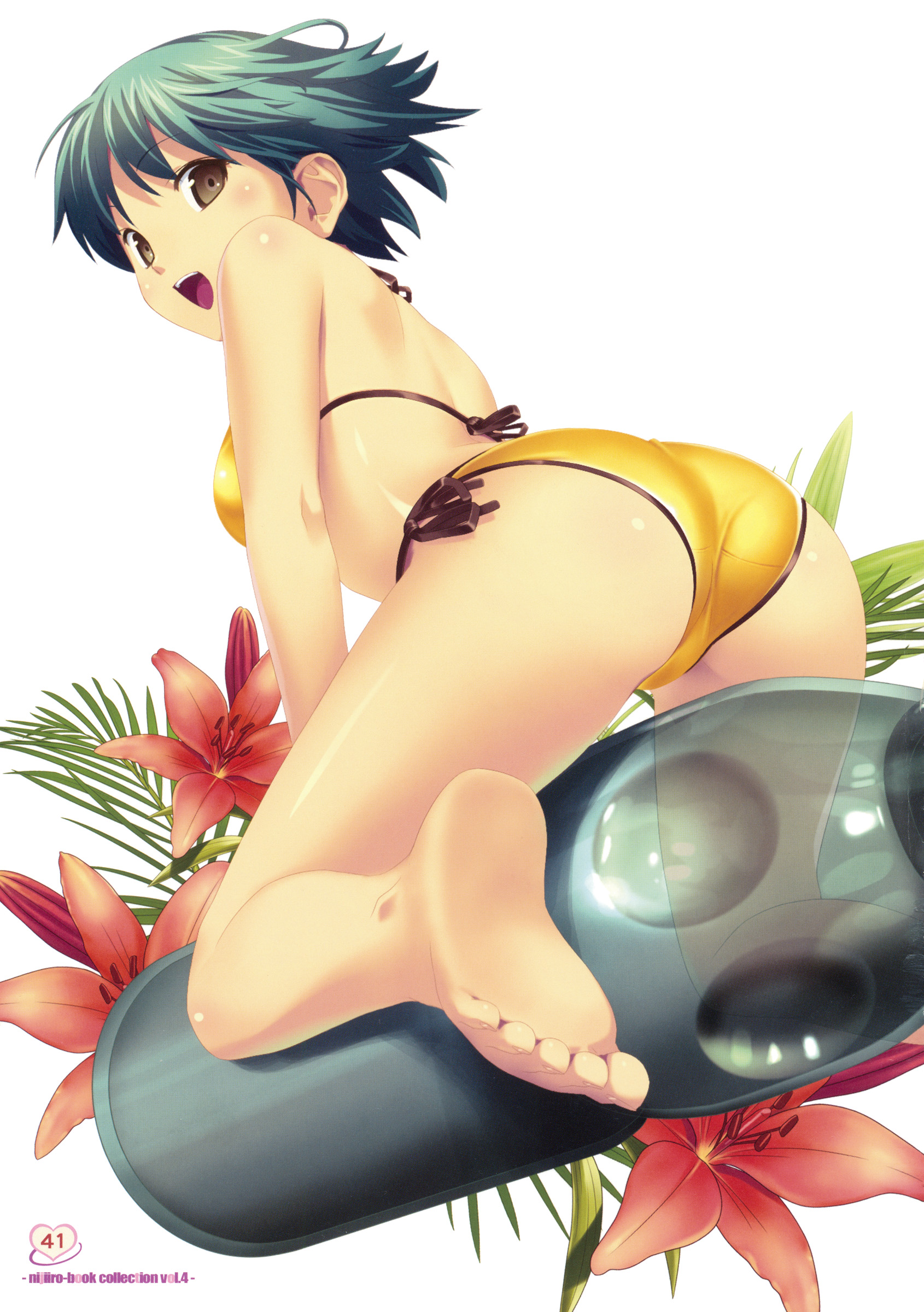 koutaro, original, absurdres, duplicate, highres, 1girl, ass, barefoot, bikini, feet, female focus, flower, green hair, lily (flower), open mouth, page number, ramune, short hair, solo, swimsuit, white background, yellow bikini, yellow eyes