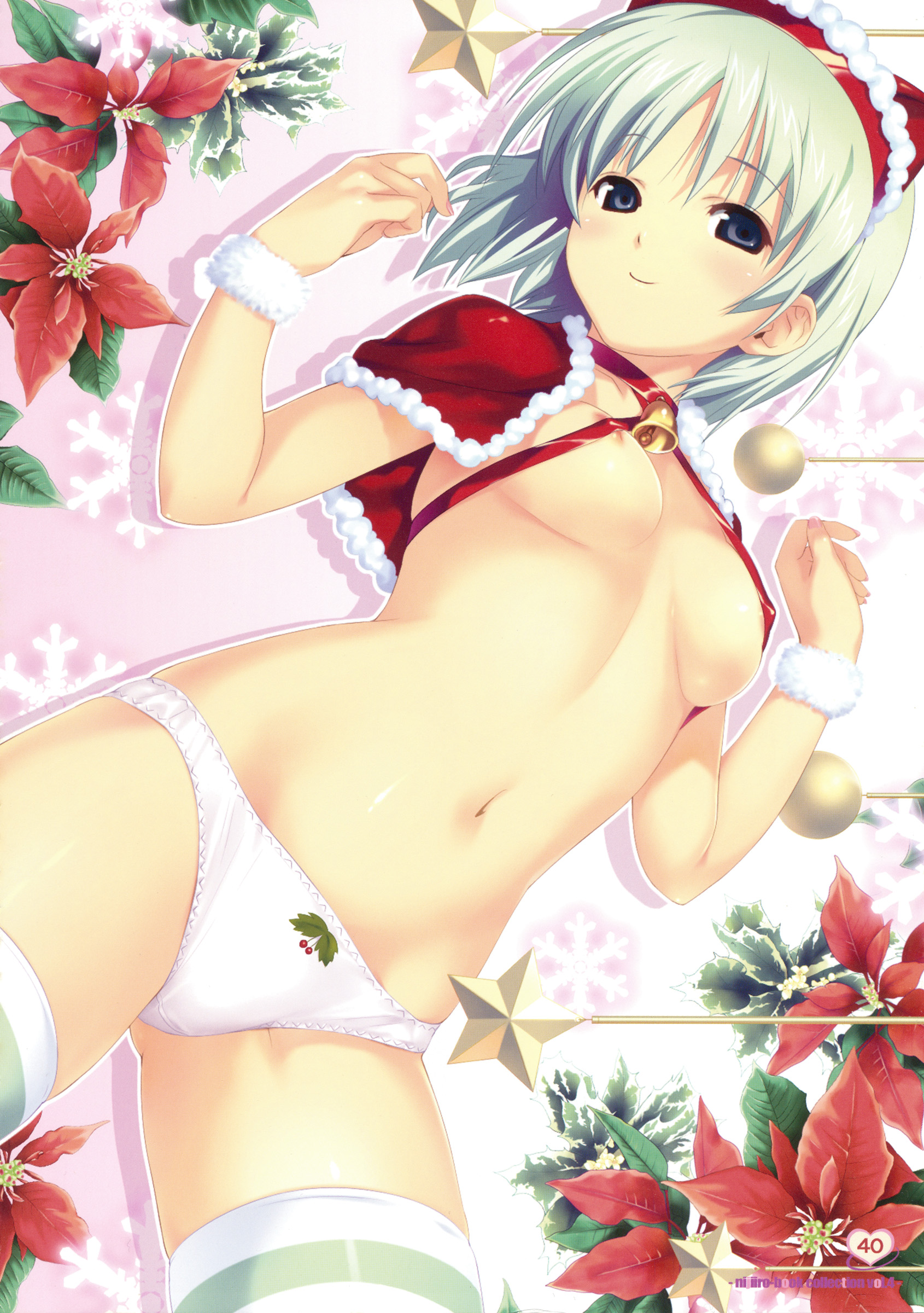 koutaro, original, silver hair, absurdres, highres, 1girl, bell, blue eyes, breasts, christmas ornaments, collar, female focus, flower, lying, neck bell, no bra, open clothes, open shirt, panties, shirt, short hair, skindentation, solo, striped clothes, striped thighhighs, thighhighs, underwear