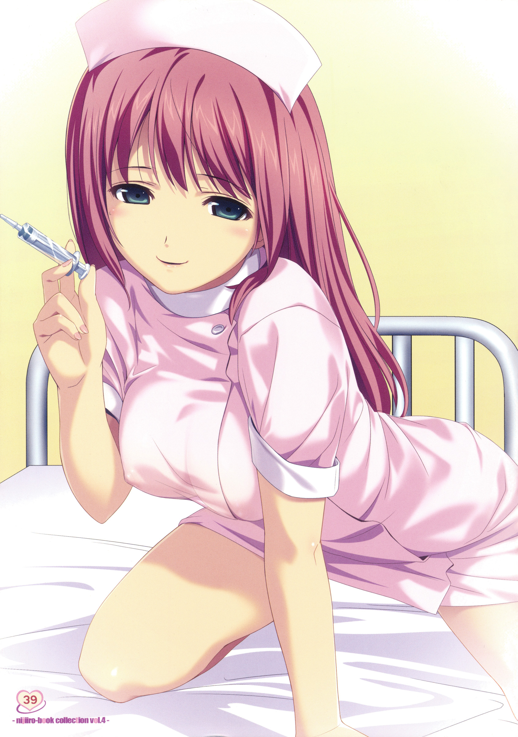 koutaro, original, absurdres, highres, 1girl, aqua eyes, bed, blue eyes, blush, breasts, covered erect nipples, female focus, hat, holding, hospital bed, kneeling, long hair, medium breasts, nipples, no bra, nurse, nurse cap, on bed, page number, pink hair, purple hair, see-through clothes, smile, solo, syringe