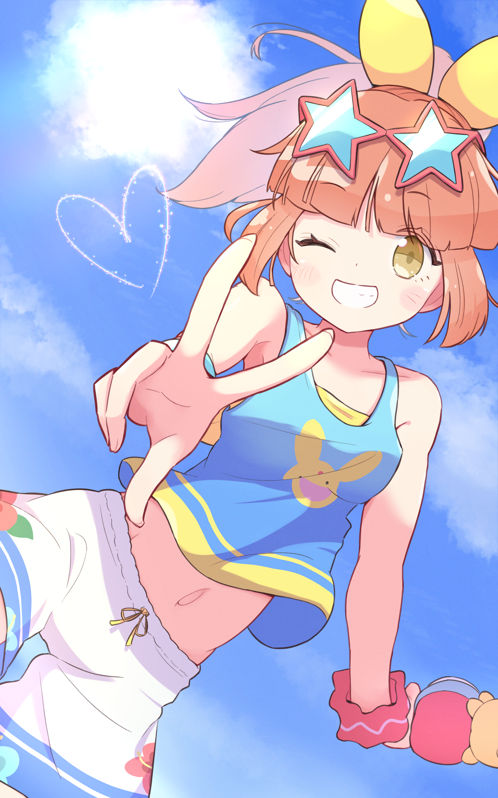 jazz grace, arle nadja, carbuncle (puyopuyo), puyopuyo, puyopuyo quest, absurdres, highres, 1girl, bare shoulders, blush, cloud, cloudy sky, drawstring, eyewear on head, hair ribbon, heart, holding, holding water gun, male swimwear, navel, official alternate costume, orange hair, ponytail, red scrunchie, ribbon, scrunchie, seabreeze arle, sidelocks, sky, smile, solo, sunglasses, swim trunks, swimsuit, teeth, tied drawstring, v, water gun, yellow eyes, yellow ribbon