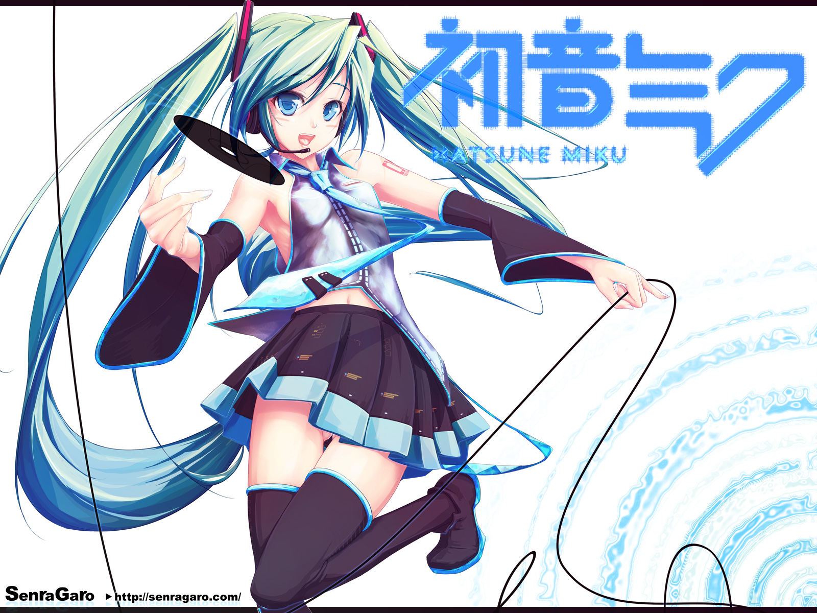 spiral (senra garou), hatsune miku, vocaloid, highres, 1girl, aqua eyes, aqua hair, armpits, detached sleeves, female focus, long hair, midriff, necktie, skirt, solo, thighhighs, twintails